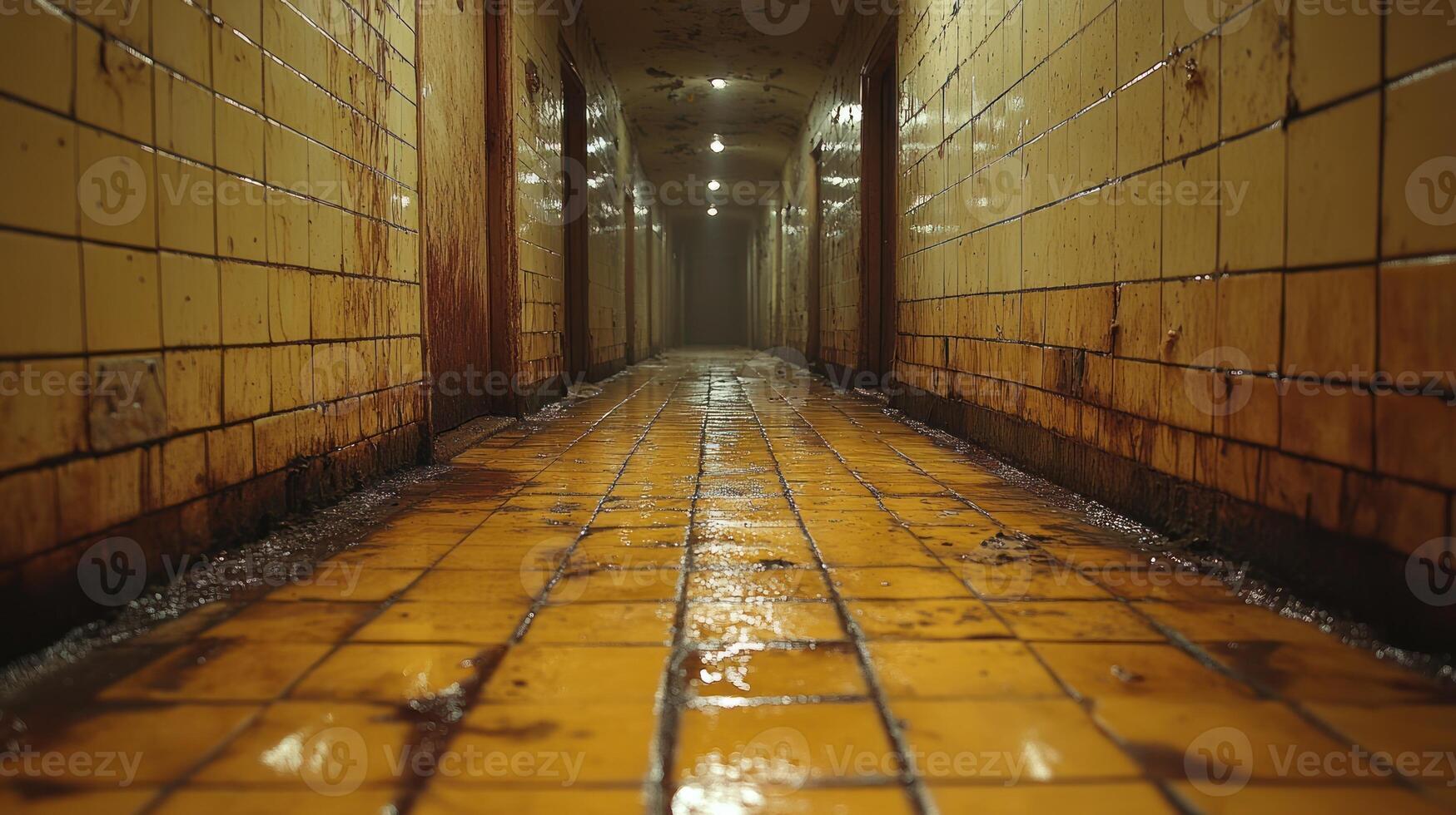Water pools on the yellow tiles while shadows loom in a dimly lit, abandoned corridor photo