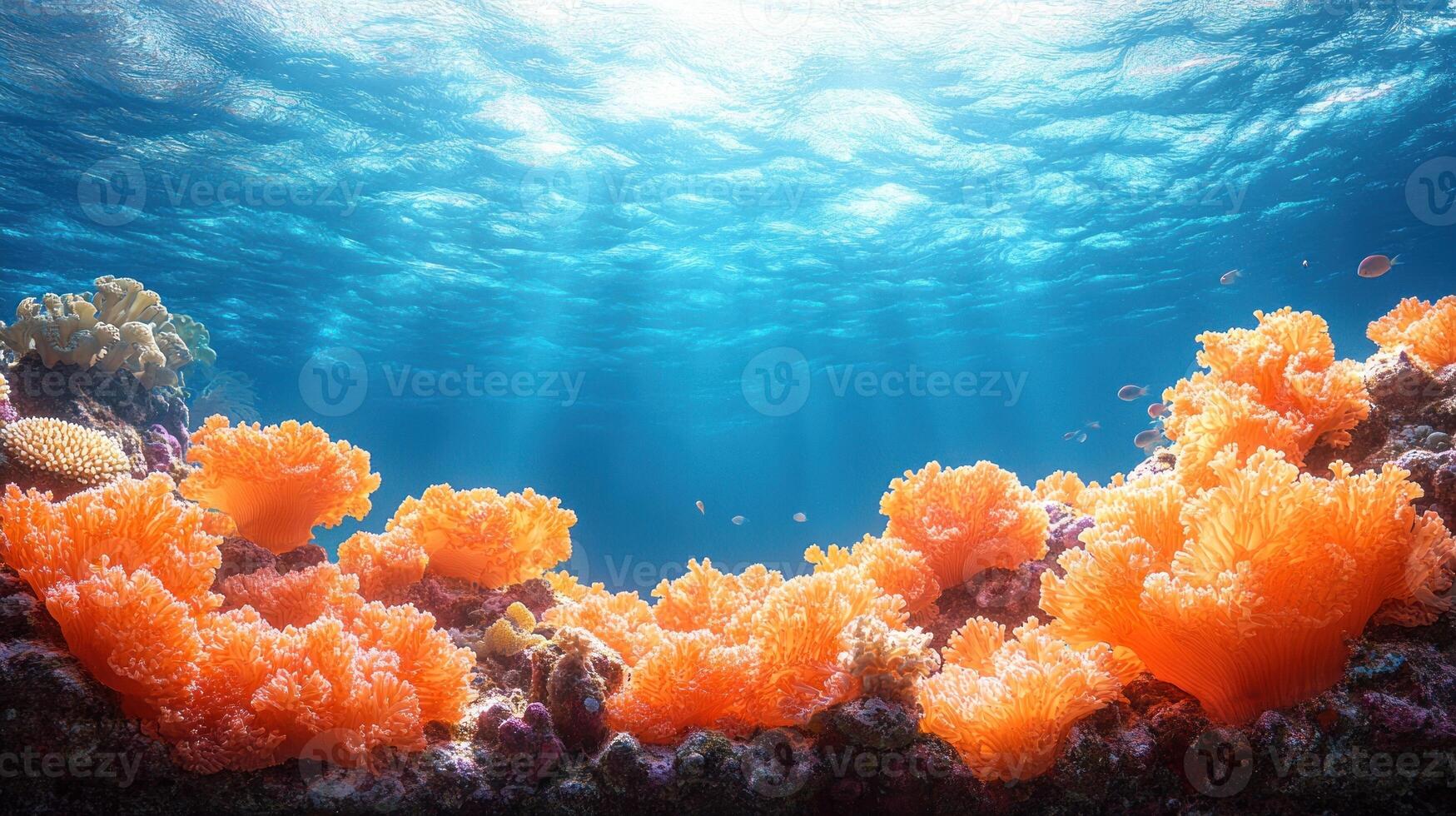 Bright orange coral spreads across the ocean floor, lit by sunlight filtering through photo