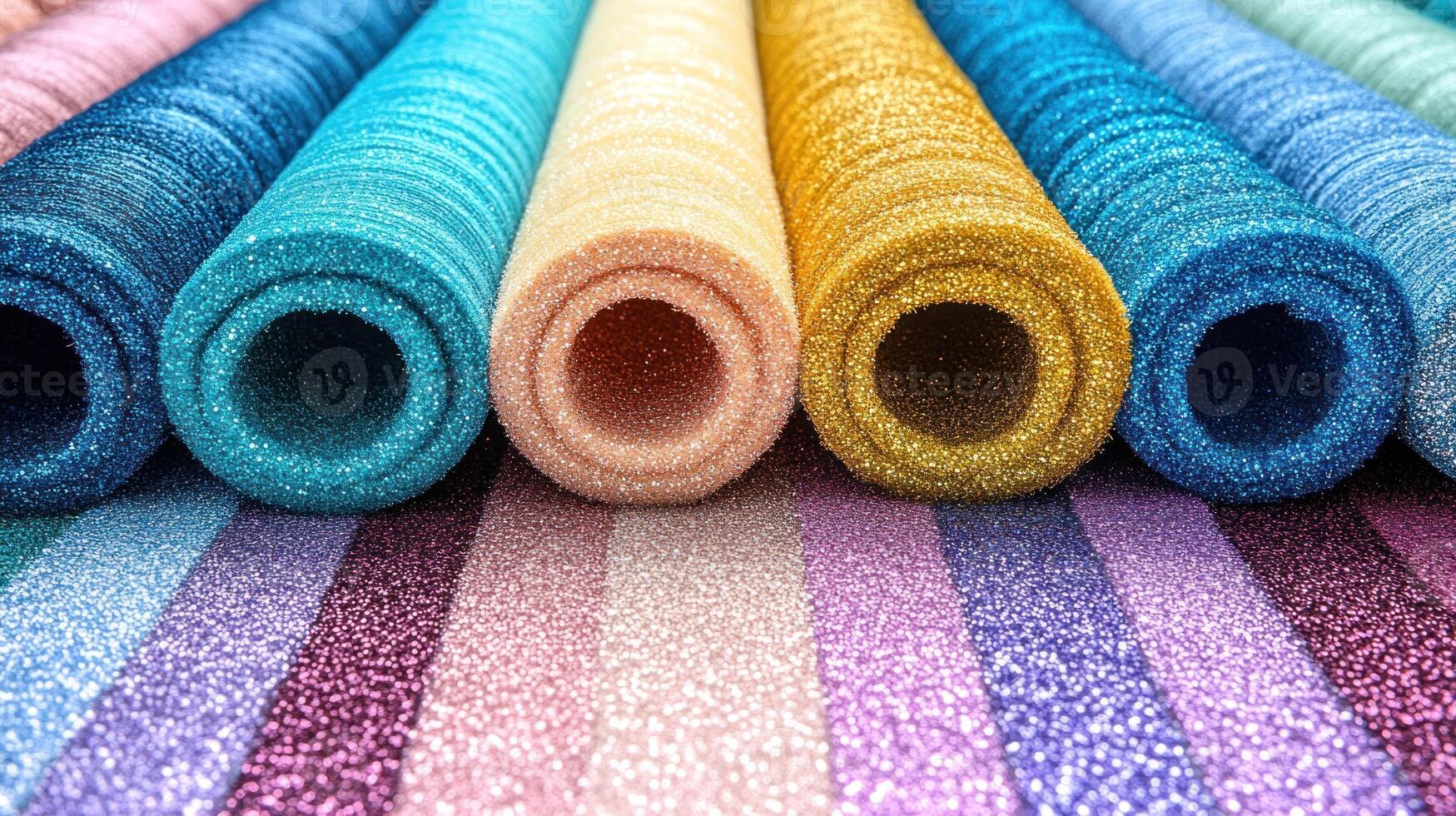 Rolls of vibrant glittery materials are neatly arranged, creating a captivating display of colors photo
