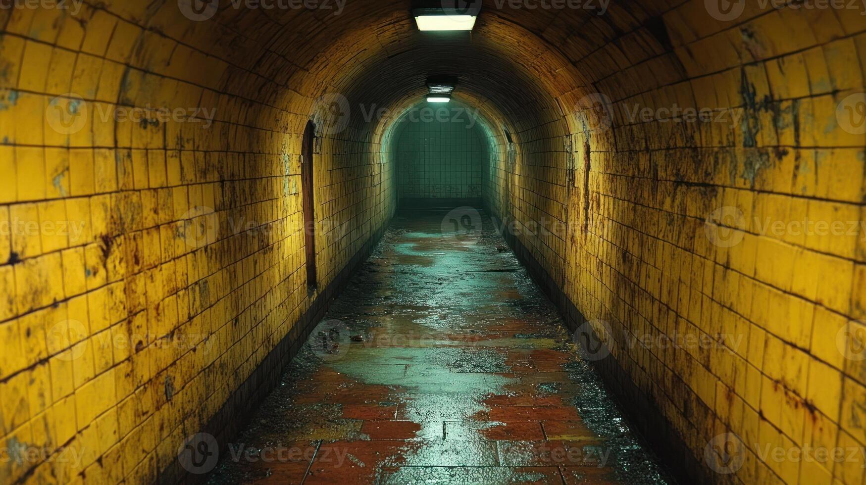A haunting tunnel stretches ahead, its yellow walls glowing softly under flickering lights photo
