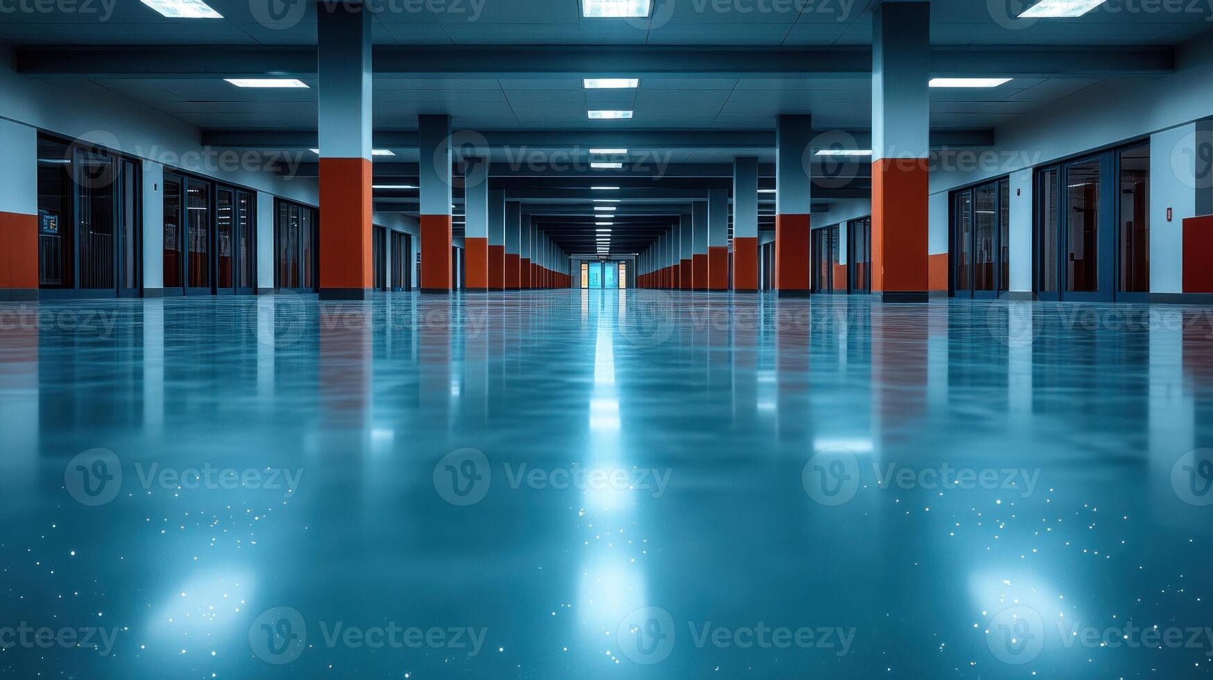 A calm corridor glows with soft lights, casting orange and blue reflections on polished floors photo