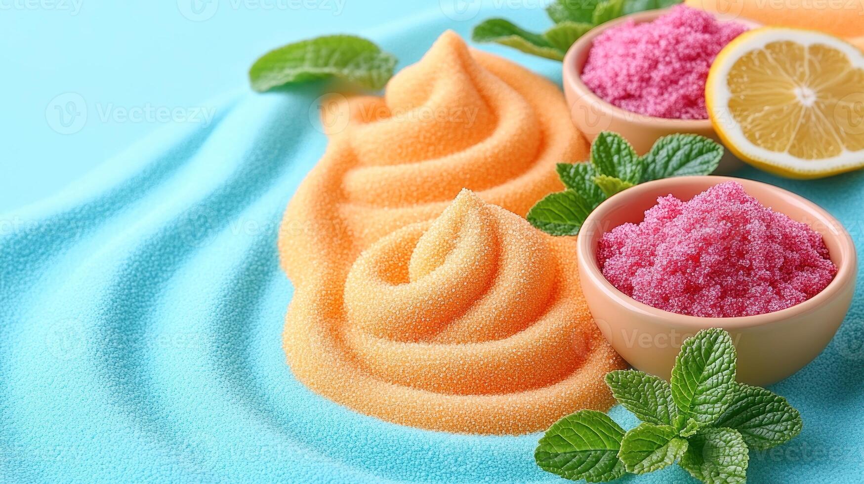 Swirls of orange and pink sand create a playful display with refreshing lemon and mint accents photo