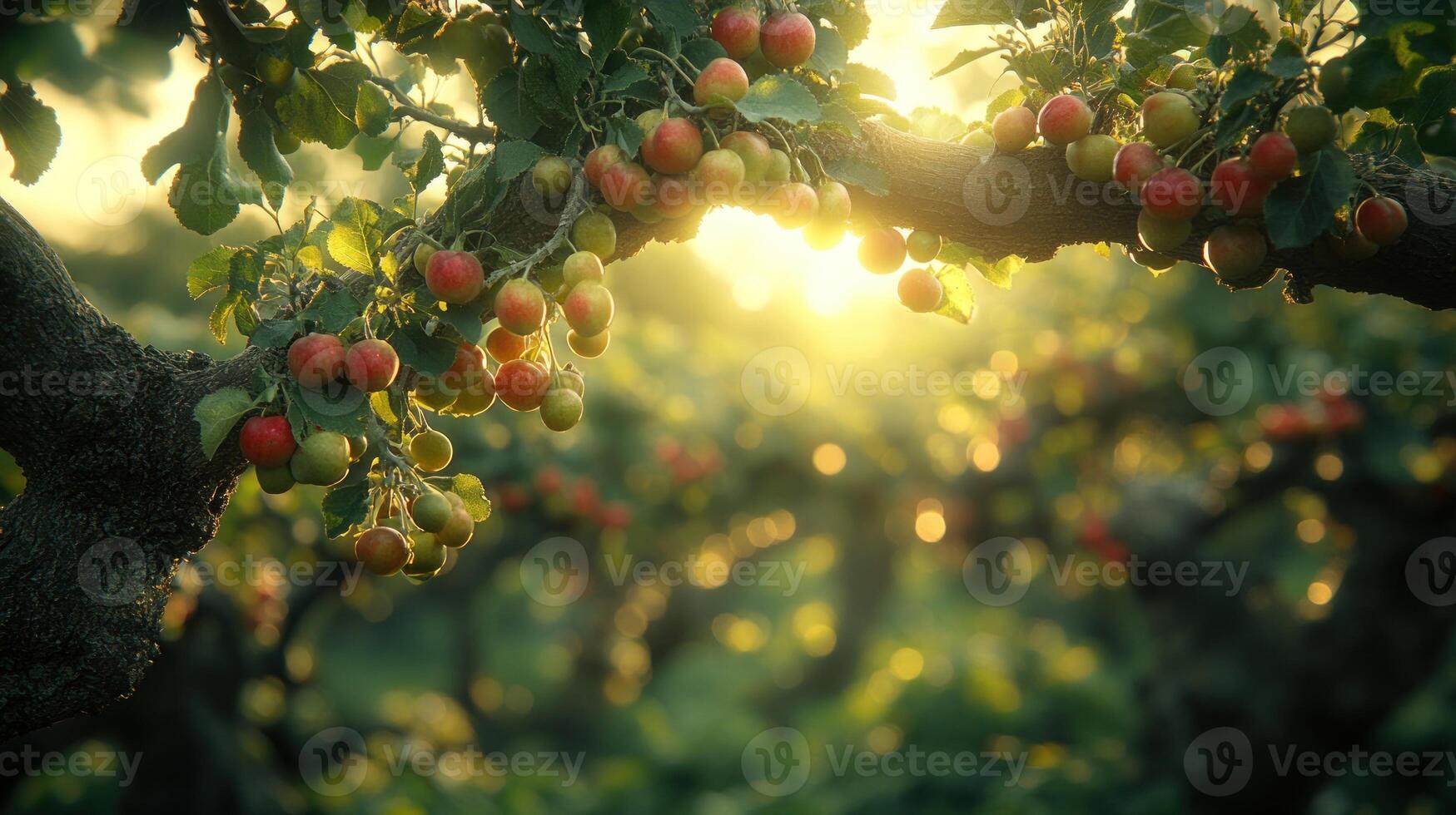 Orchard branches are laden with colorful apples as warm sunlight casts a magical glow photo