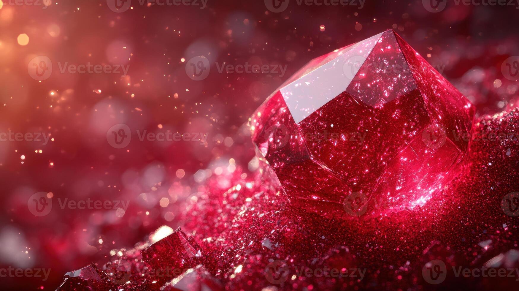 A striking red gemstone glows brightly, surrounded by glittering crystals and twinkling lights photo
