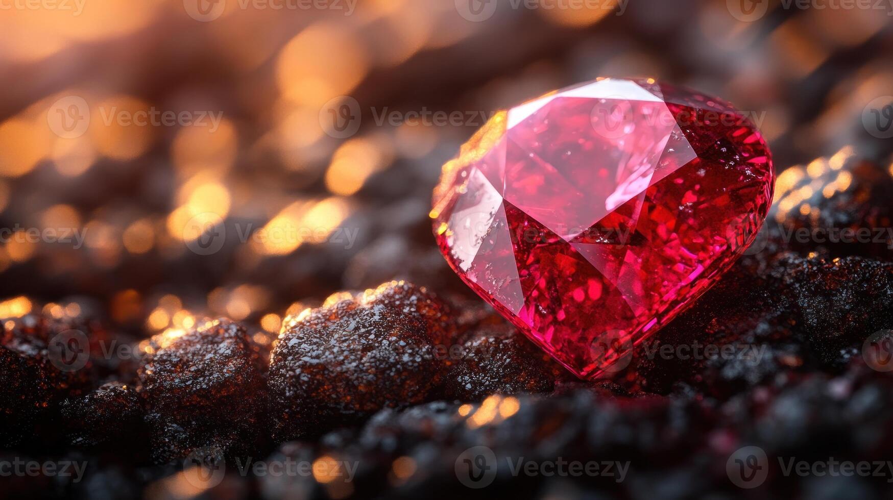 A striking deep red gem lies elegantly on a rugged surface, illuminated by warm, ambient light photo