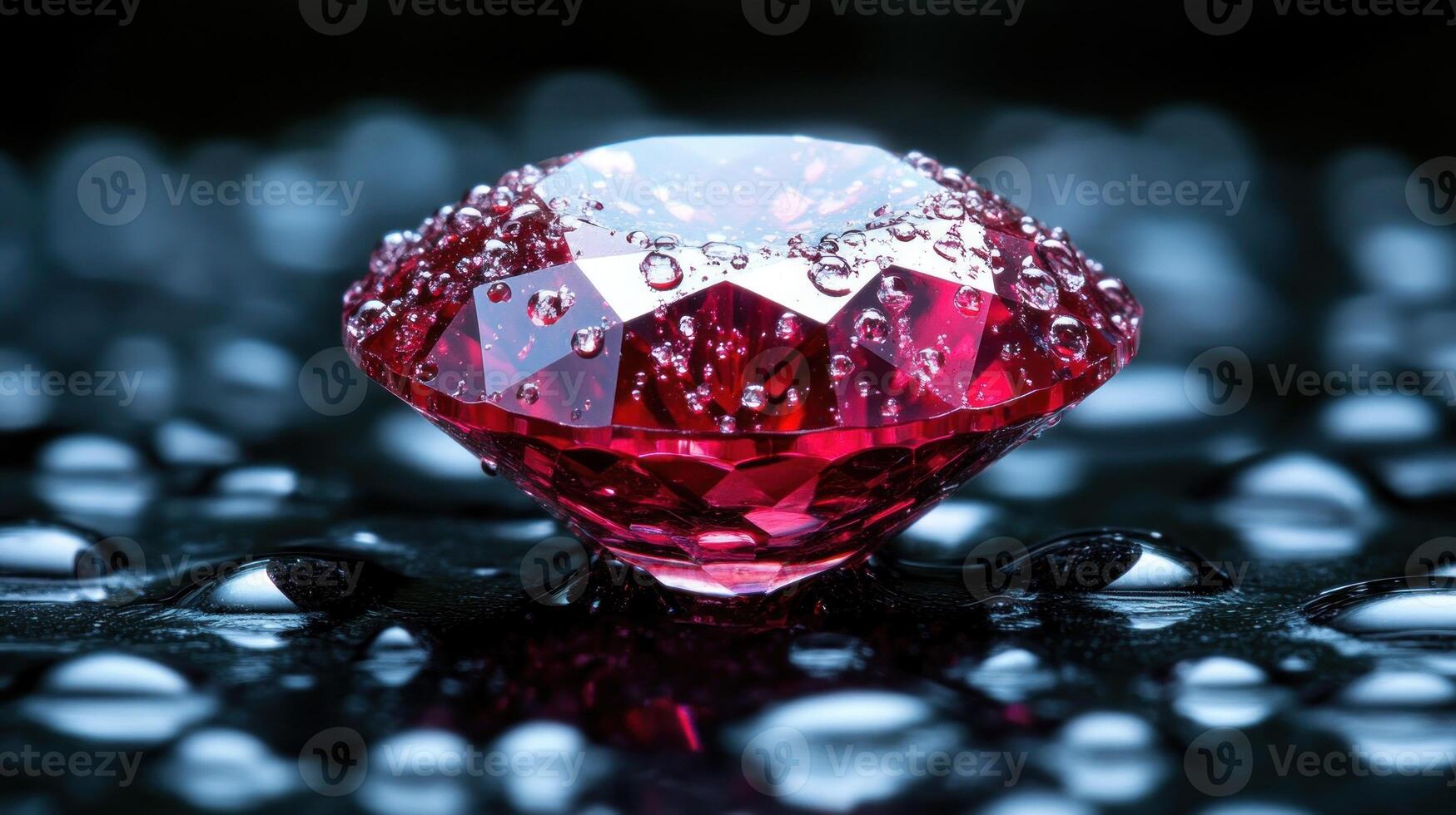 A brilliant ruby sparkles with water droplets against a dark, reflective backdrop photo