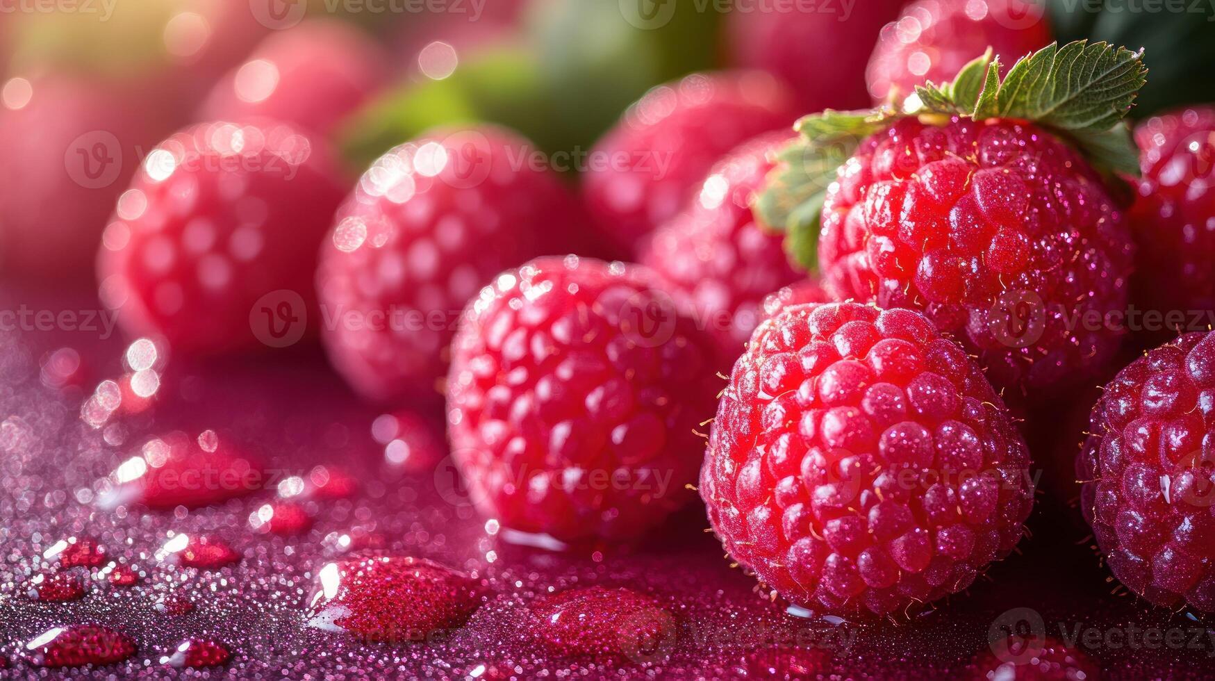 Glistening ripe raspberries on a surface showcase summer's sweetness and freshness photo