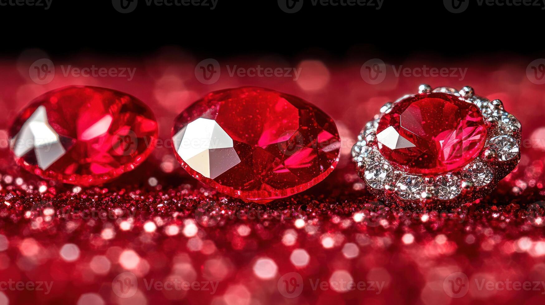 Brilliant red gemstones shine vividly, reflecting light with sparkling facets in a festive setting photo