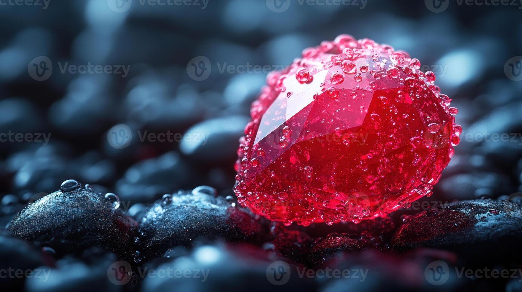 A vibrant red gem on dark stones, glistening with shimmering water droplets photo
