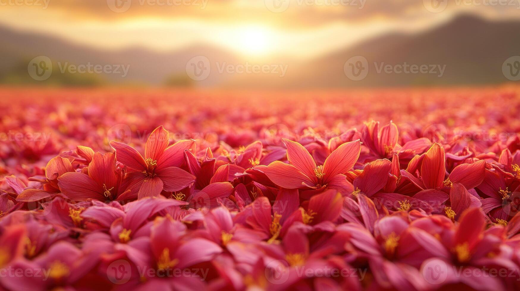 Fields of vibrant pink flowers stretch toward the horizon, illuminated by a warm sunset glow photo