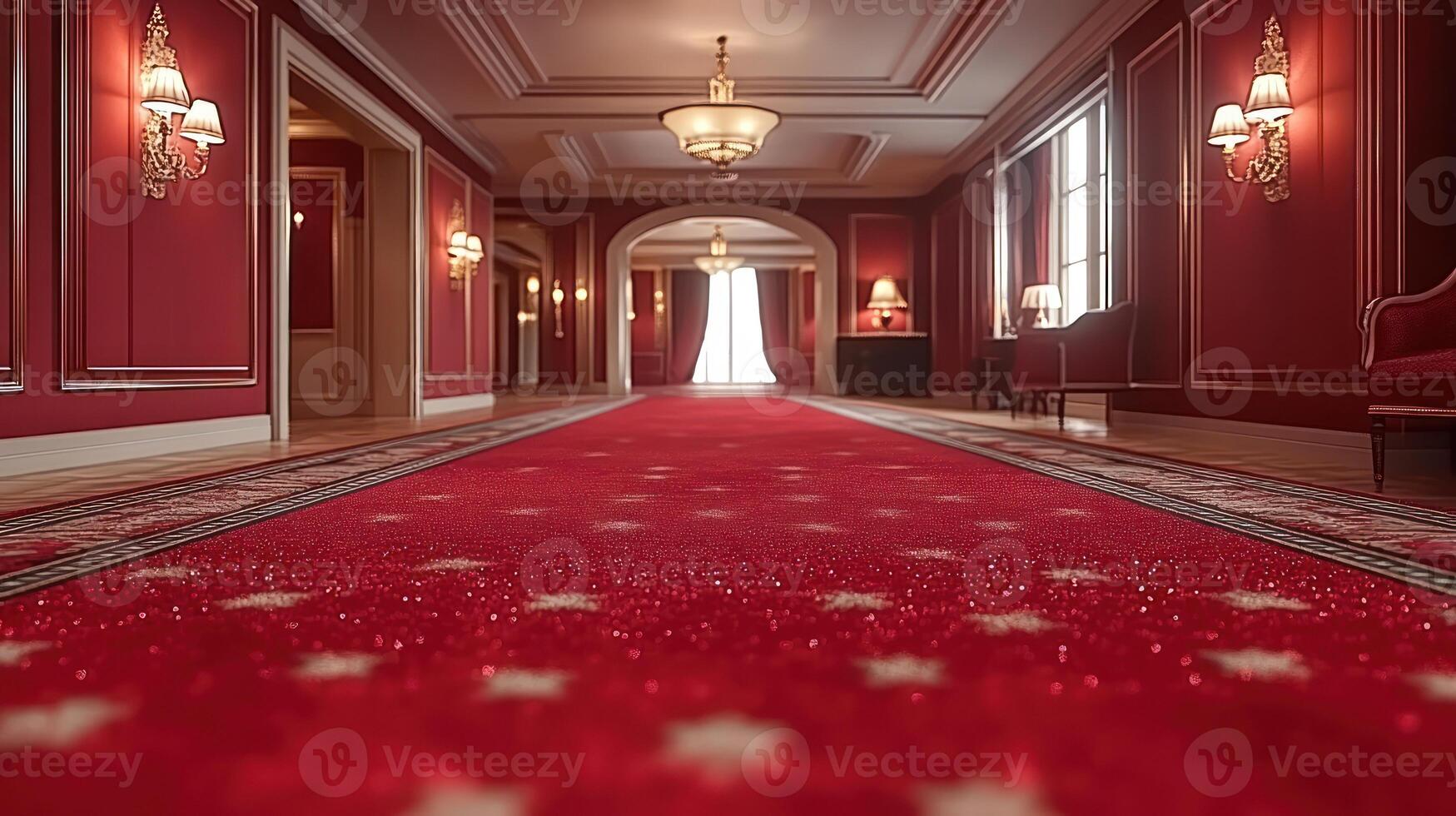 A striking view of a lavish hallway featuring a vibrant red carpet and ornate lighting fixtures photo