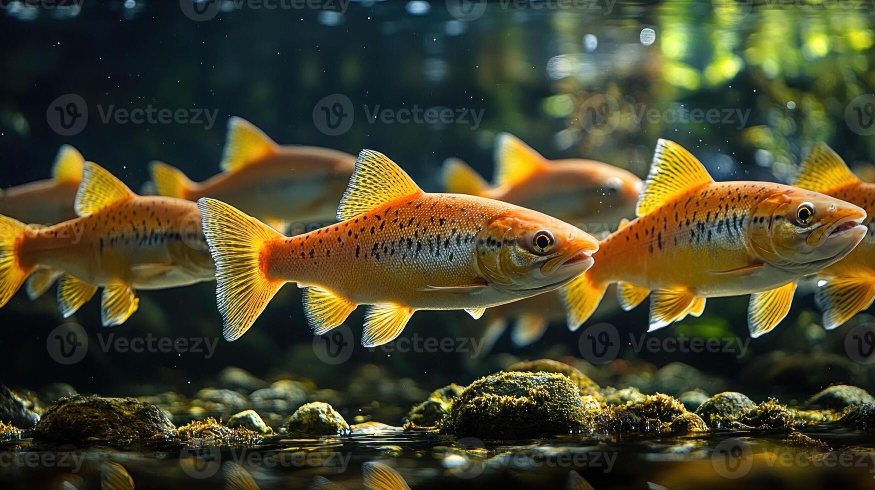 Golden trout glide effortlessly among aquatic plants, showcasing vibrant colors in tranquil water photo