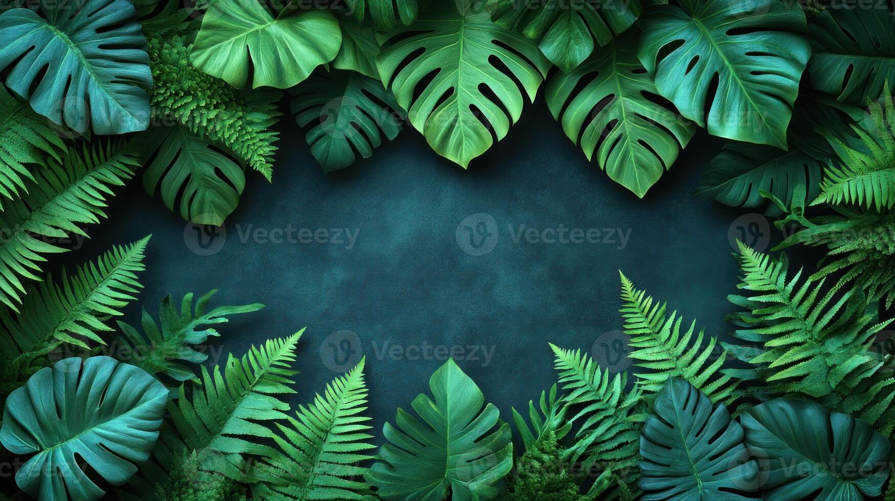 Vibrant green leaves create a lush border around a serene blue backdrop, evoking tranquility photo