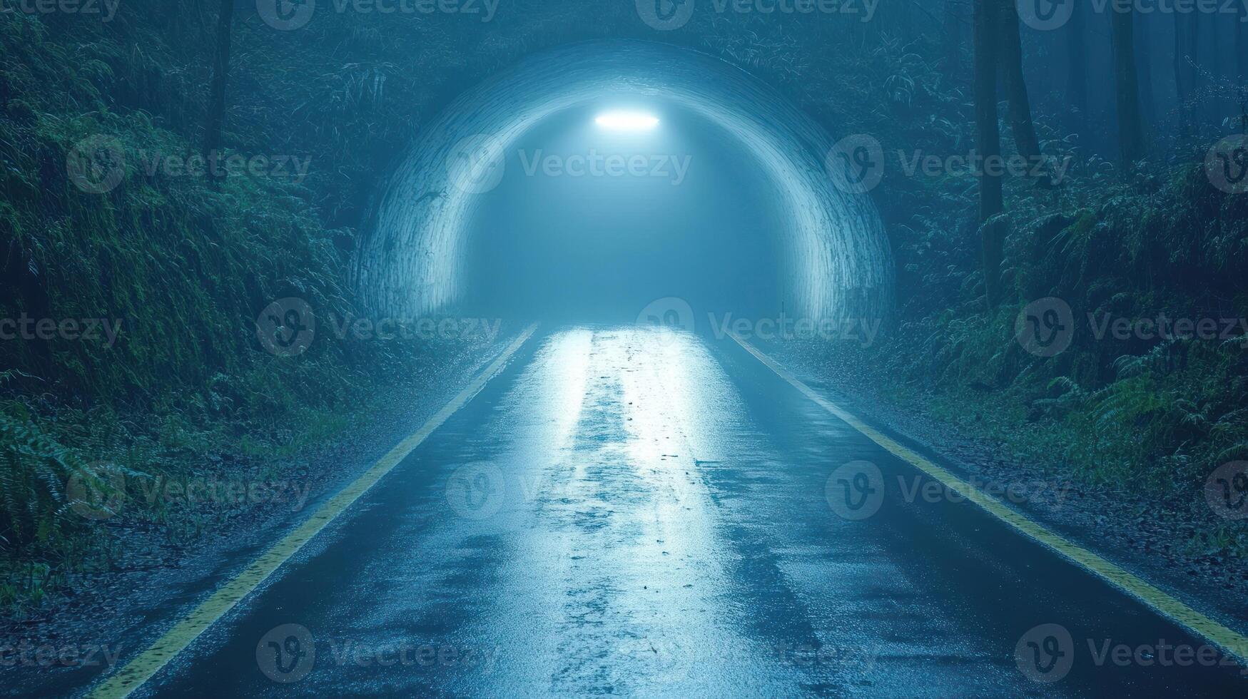 A winding road fades into a foggy tunnel glowing with soft blue light photo