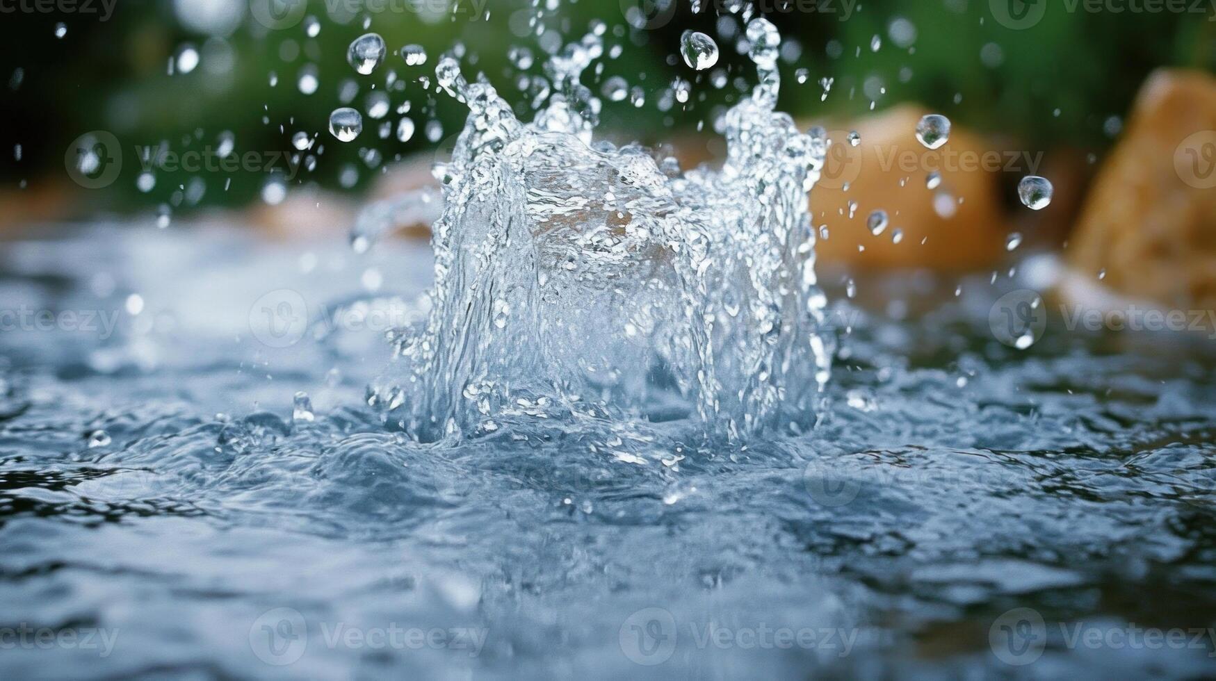 Water droplets leap from a calm pond, sparkling in the gentle sunlight photo
