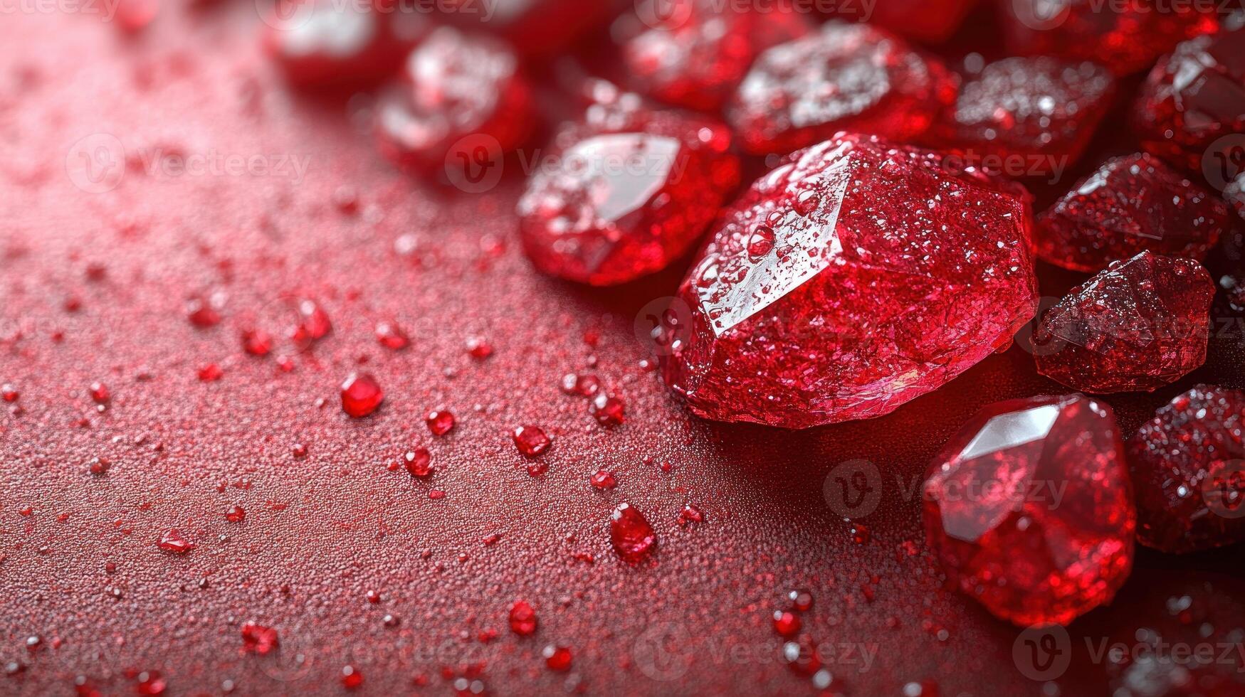 Radiant red gemstones sparkle against a rich background, reflecting light with enchanting allure photo