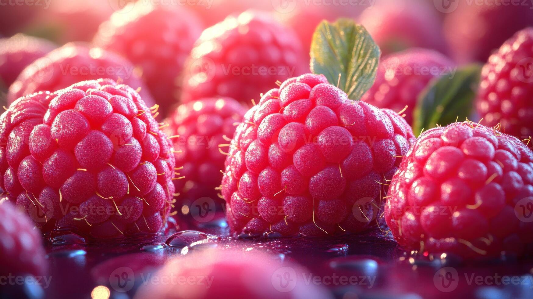 Plump raspberries shine brightly, surrounded by glistening droplets in an inviting garden photo