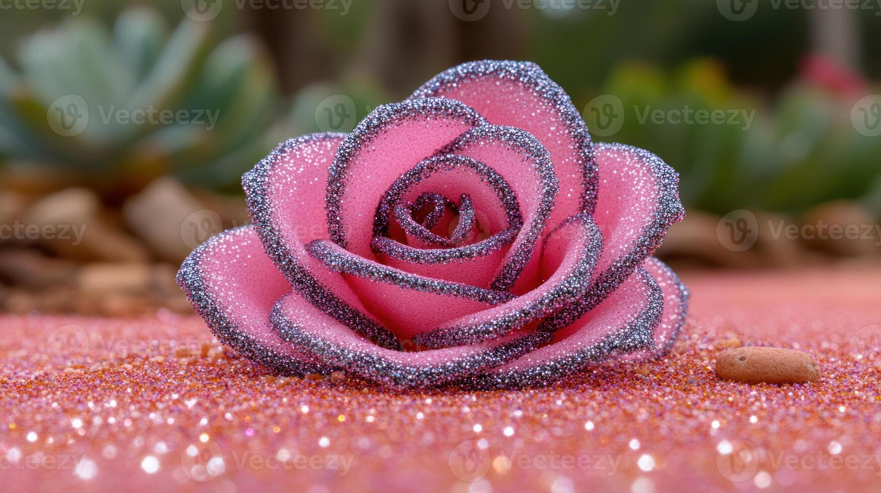 A pink rose with glitter rests on a sparkling bed, surrounded by vibrant greenery photo