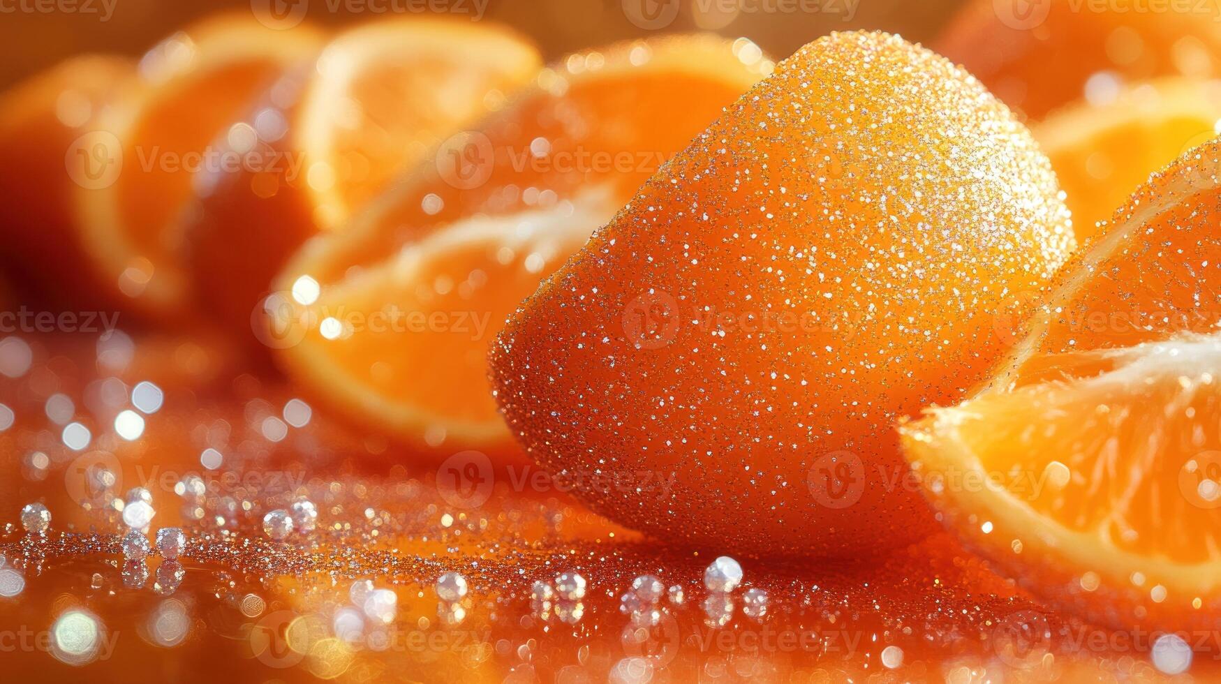 Fresh orange slices twinkle with droplets, reflecting golden sunlight in a delightful arrangement photo