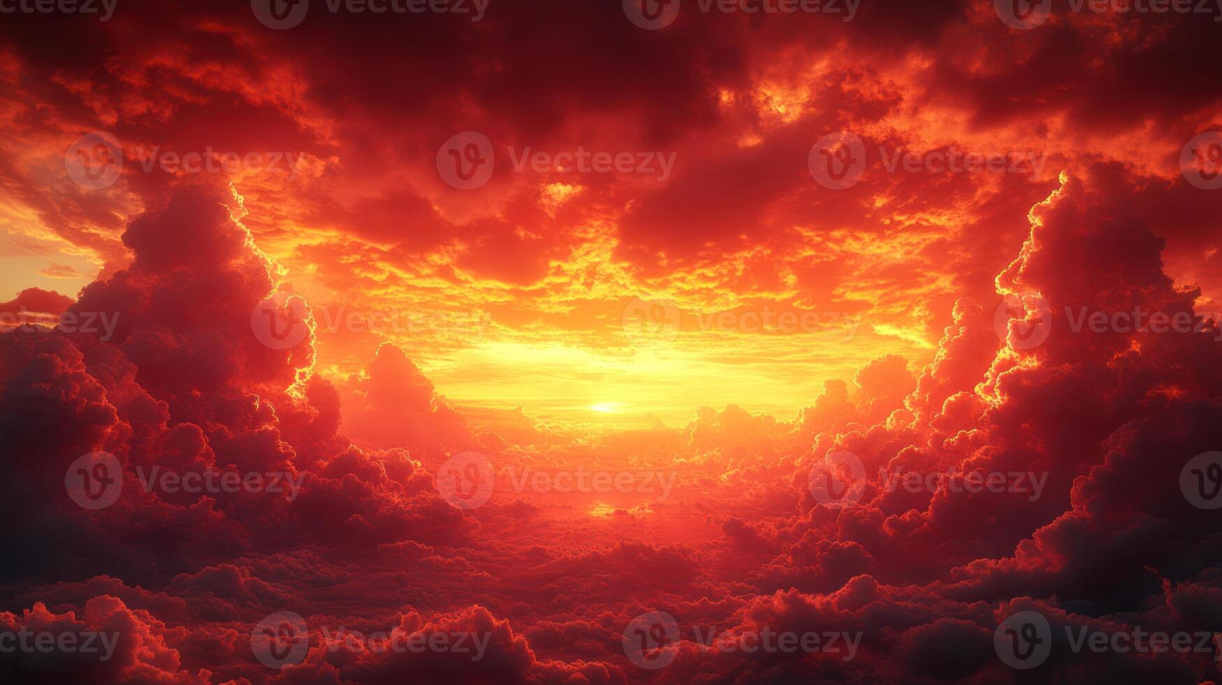 Sunset's bright colors blend with fluffy clouds, creating a breathtaking dusk atmosphere photo