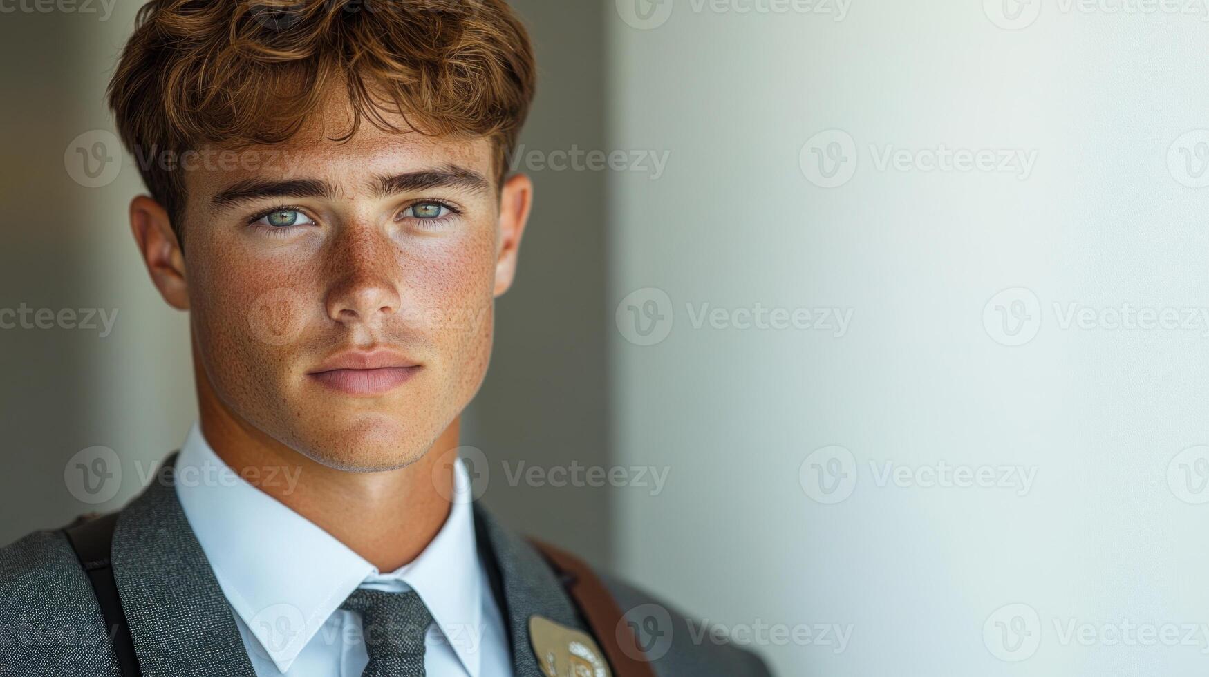 Young man with stylish hair and a suit expresses confidence in a bright, elegant setting photo