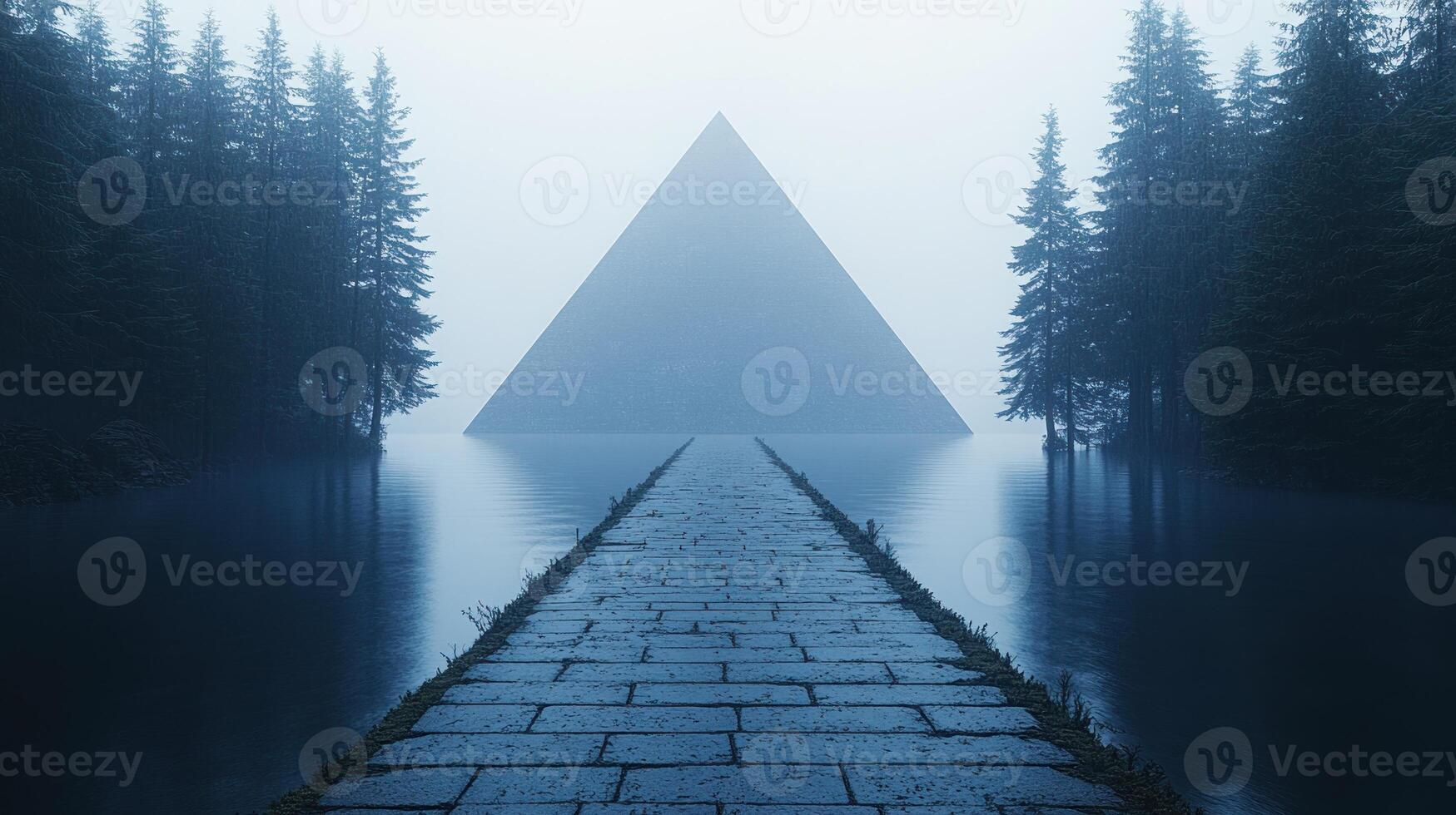 A serene pathway leads to a mystical pyramid rising from still waters, enveloped in fog at dusk photo