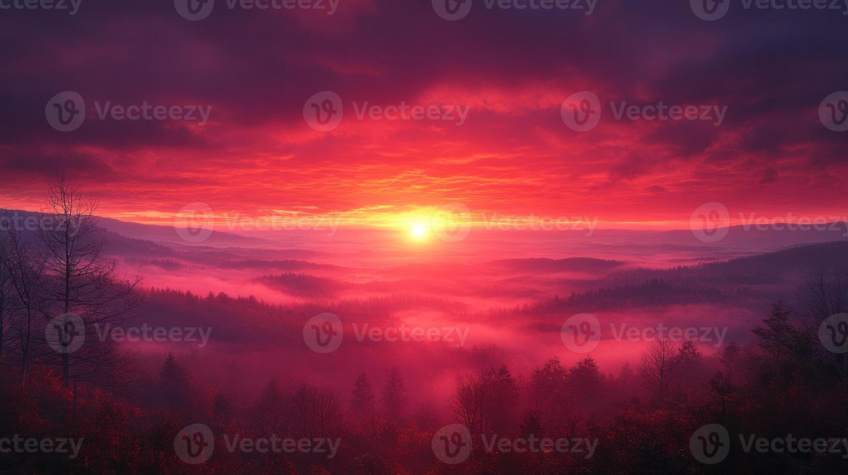 Vivid colors blend in the sky as the sun sets behind tranquil hills, creating a magical atmosphere photo