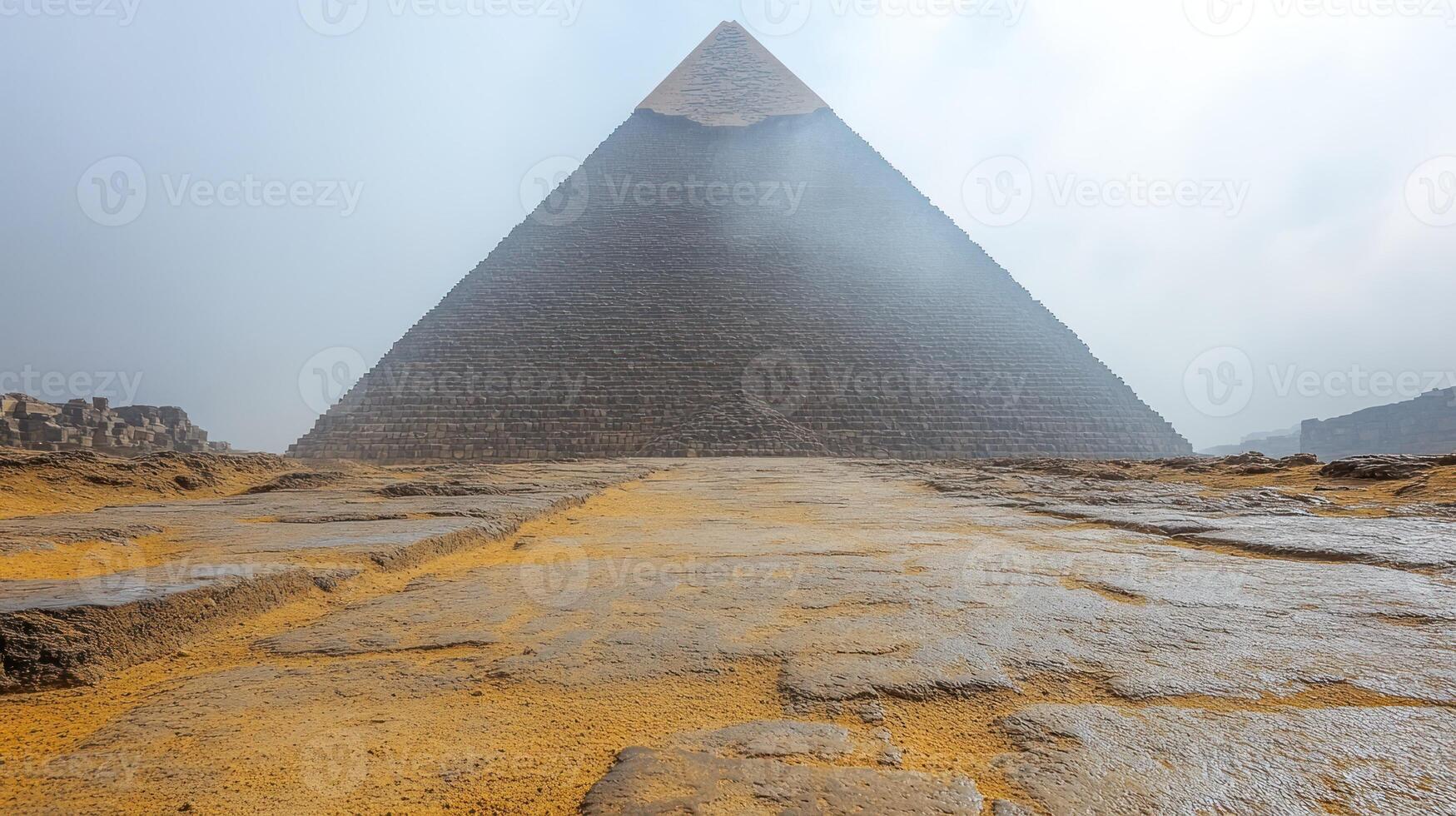 Morning fog gently cloaks the pyramid, enhancing its ancient majesty against a clear sky photo