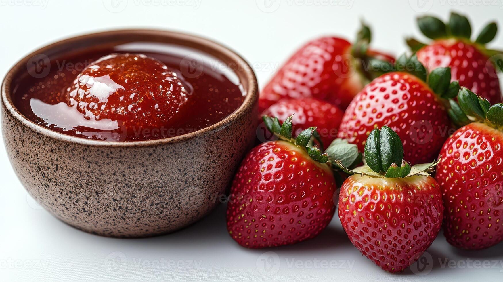 Juicy red strawberries encircle a bowl of rich strawberry jam, showcasing vibrant colors photo