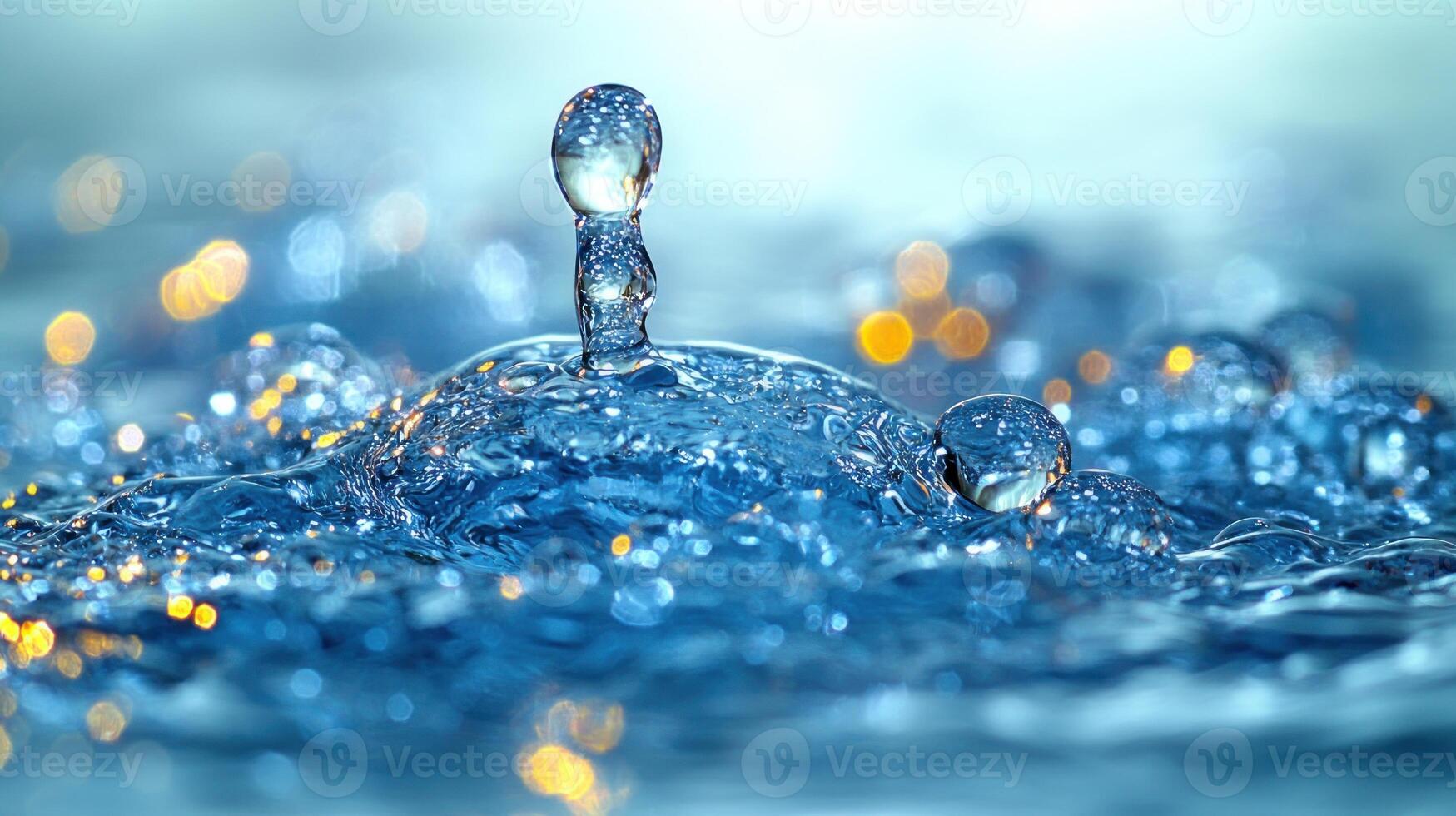 Water droplets rise and fall, creating shimmering reflections in a calm blue setting photo