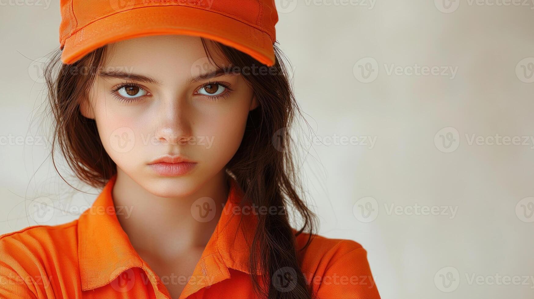 A girl in an orange cap poses with a serious expression, conveying confidence and determination photo