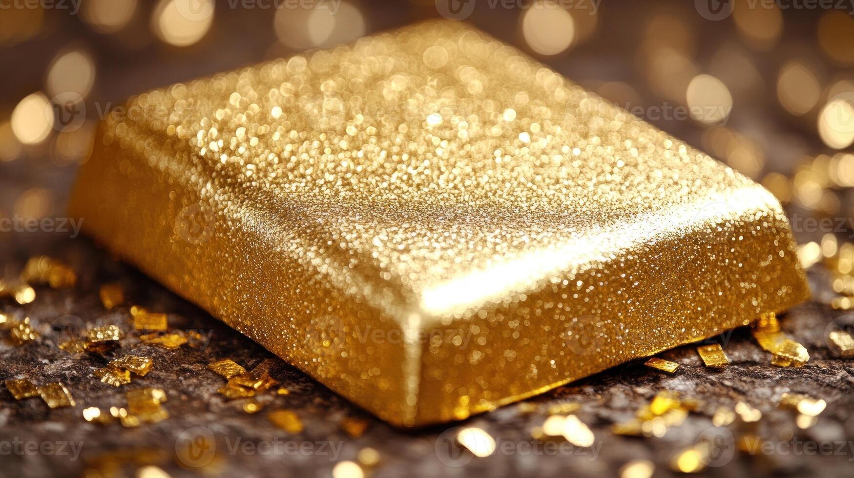 A gold bar rests on a textured background, surrounded by shimmering light-catching particles photo