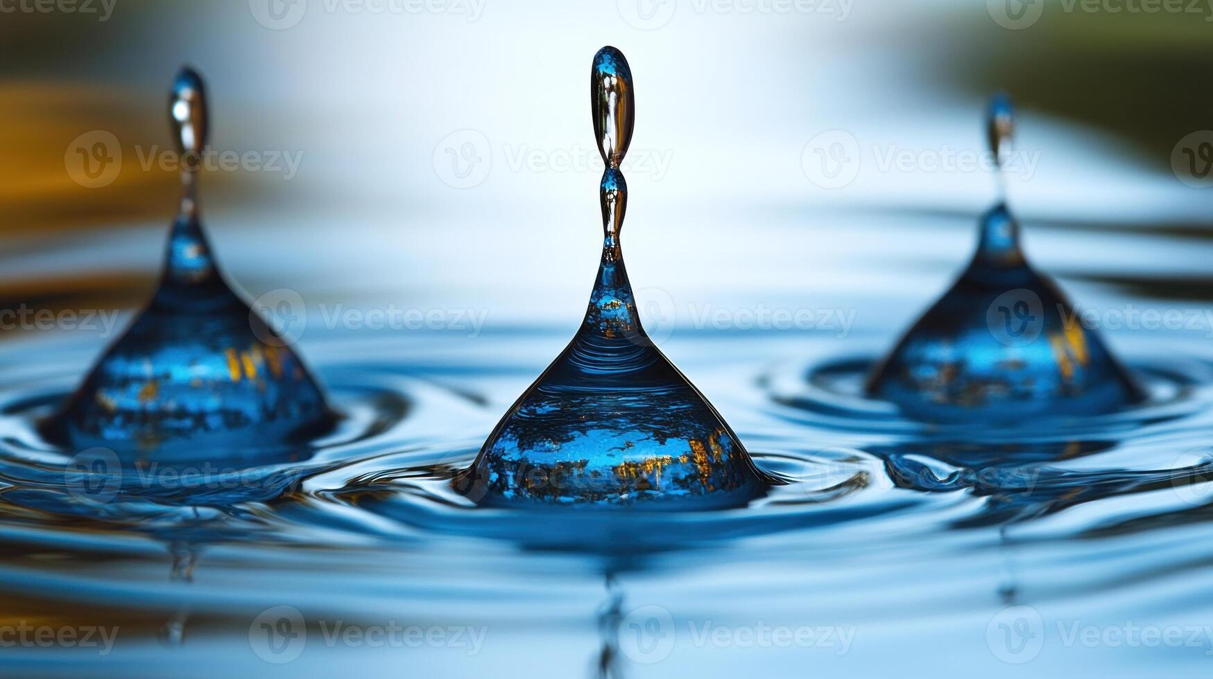 Three droplets fall, sending out elegant ripples across a serene surface reflecting nature's beauty photo