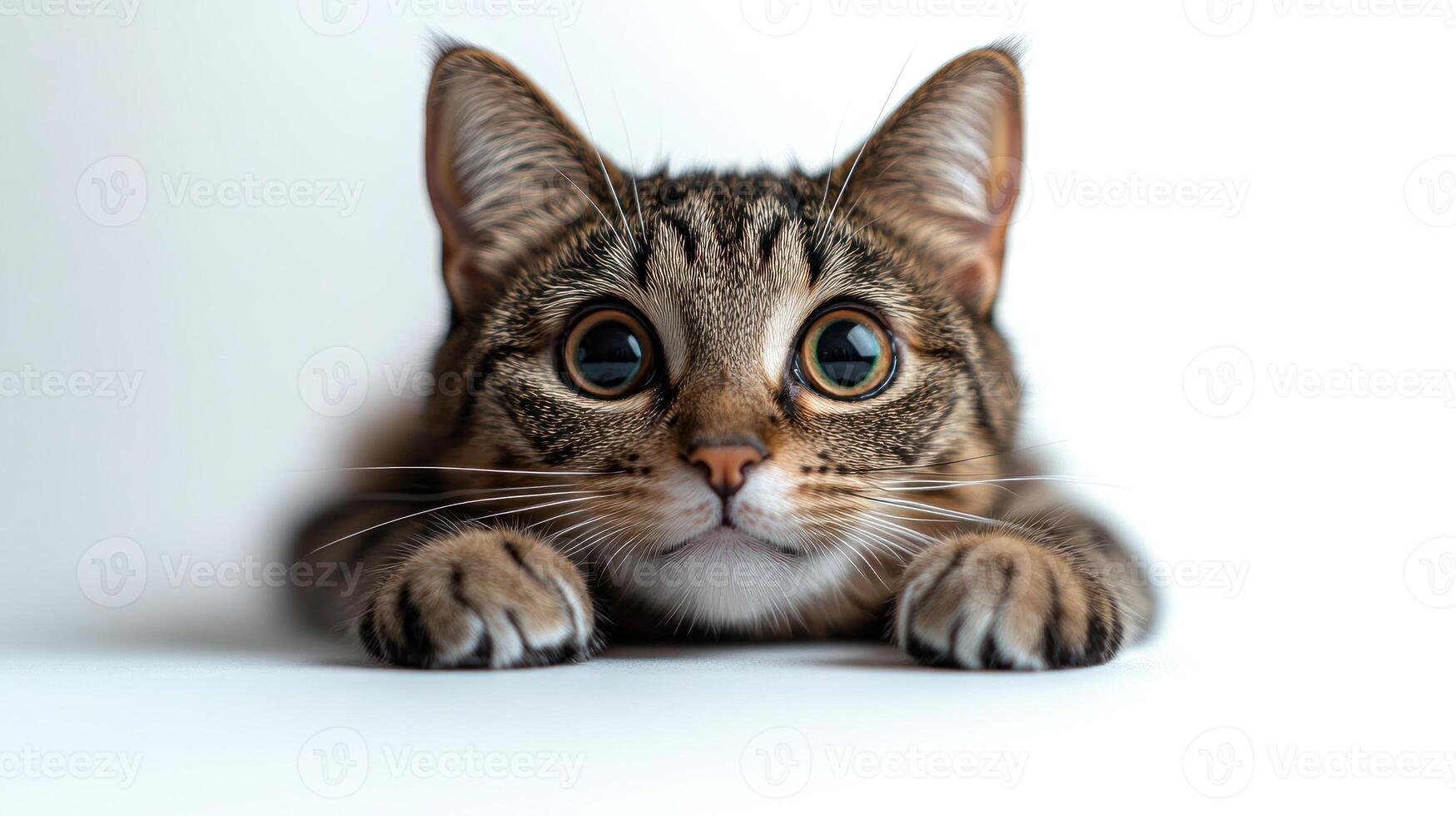 A playful kitten with large eyes is crouching low, displaying curiosity in a quiet space photo