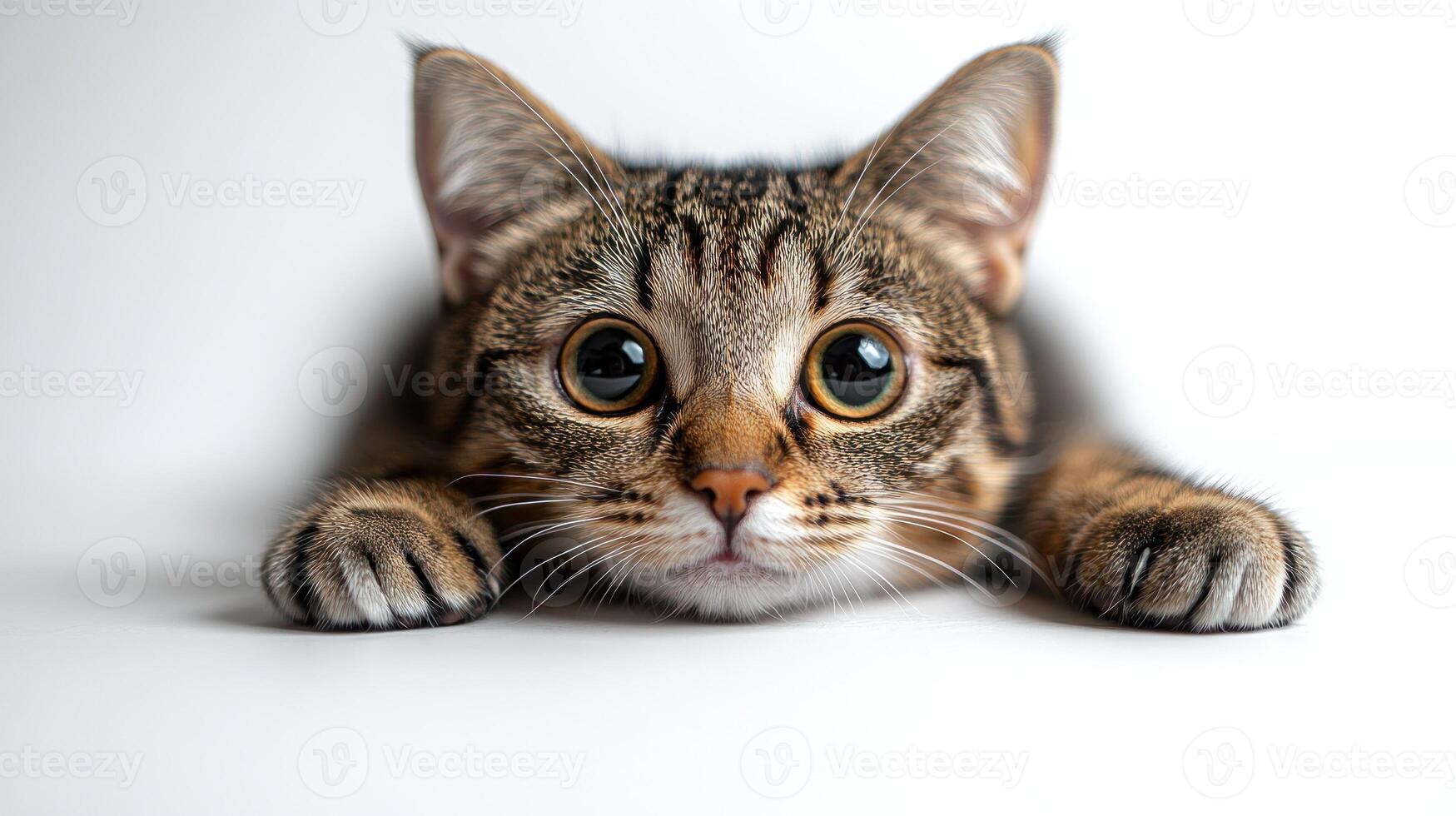 A curious tabby kitten with big eyes stretches its paws to explore its surroundings photo