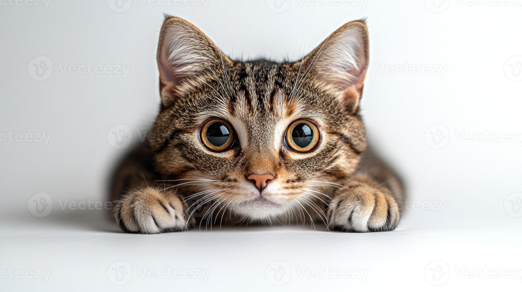 The playful feline lies low, exploring its surroundings with an inquisitive expression photo