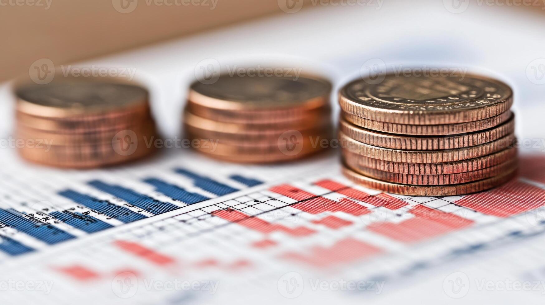 Coins are neatly arranged next to colorful financial charts showing market trends and analysis photo