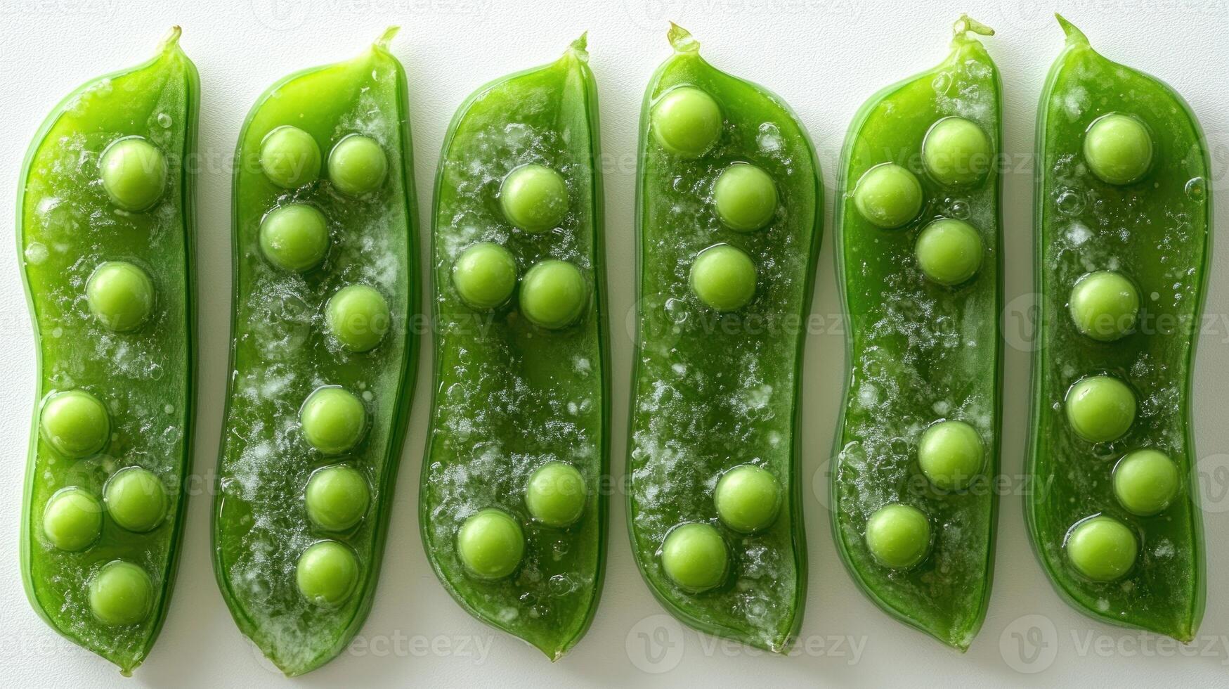 Fresh green peas rest in perfect alignment, showcasing their bright color and inviting texture photo