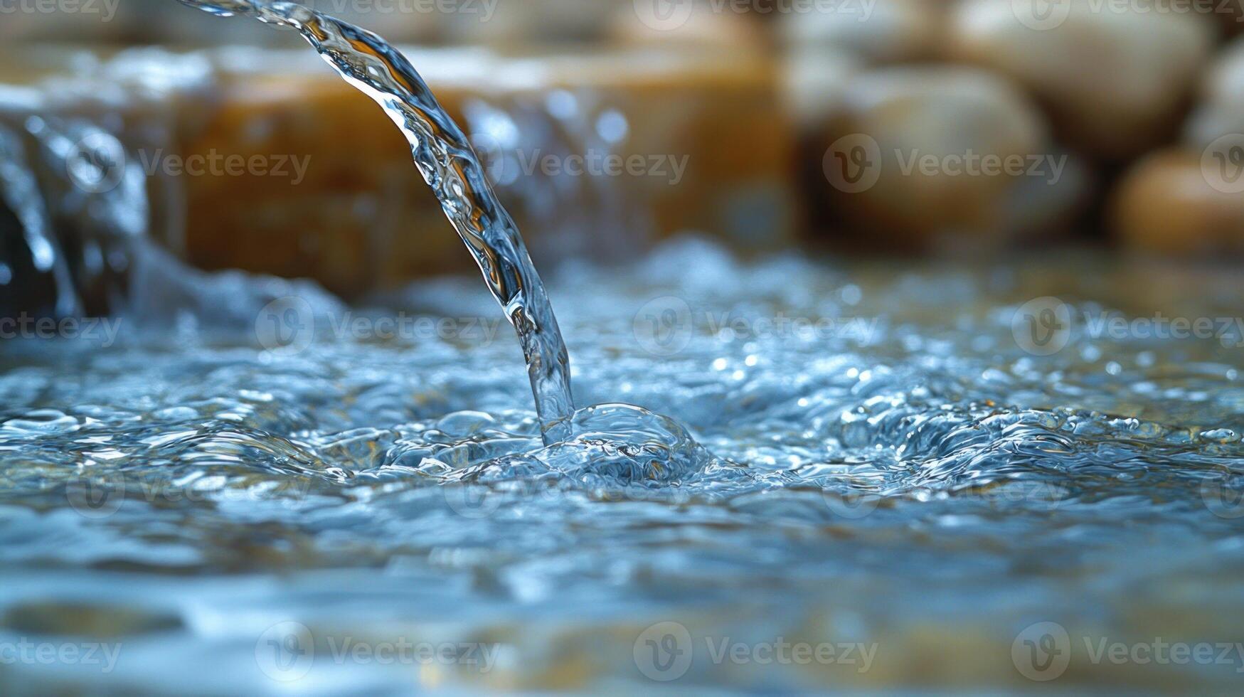 Crystal clear water cascades over pebbles, creating soothing sounds in a tranquil outdoor space photo