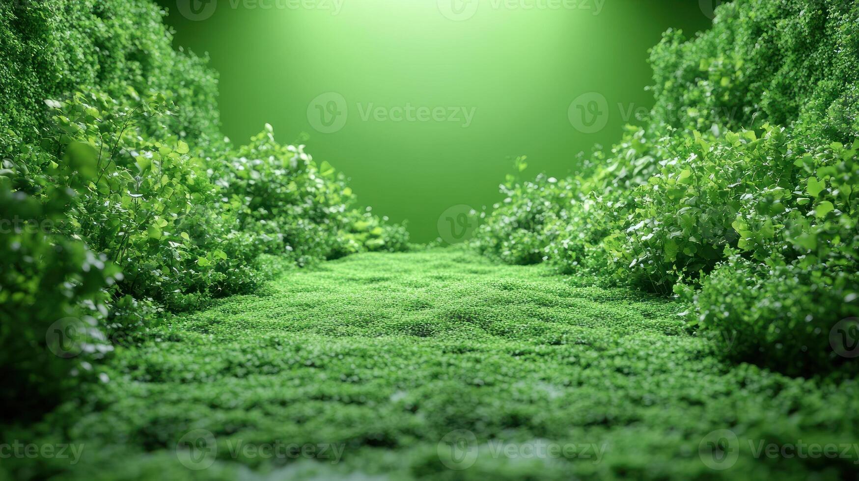 A serene pathway unfolds surrounded by vibrant greenery under warm lighting, inviting exploration photo