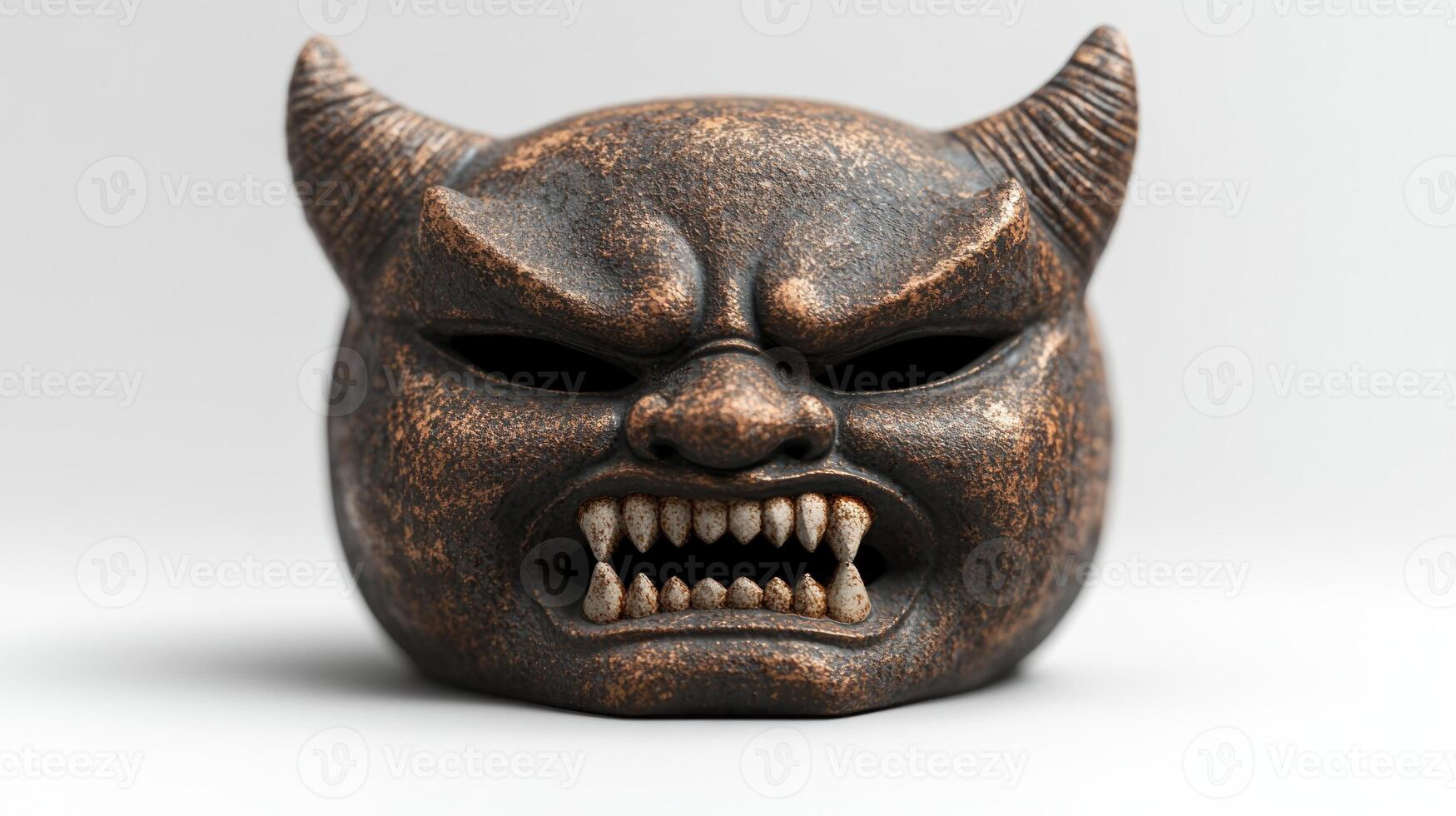 A devil mask with sharp fangs and horns reflects skilled artistry and cultural significance photo