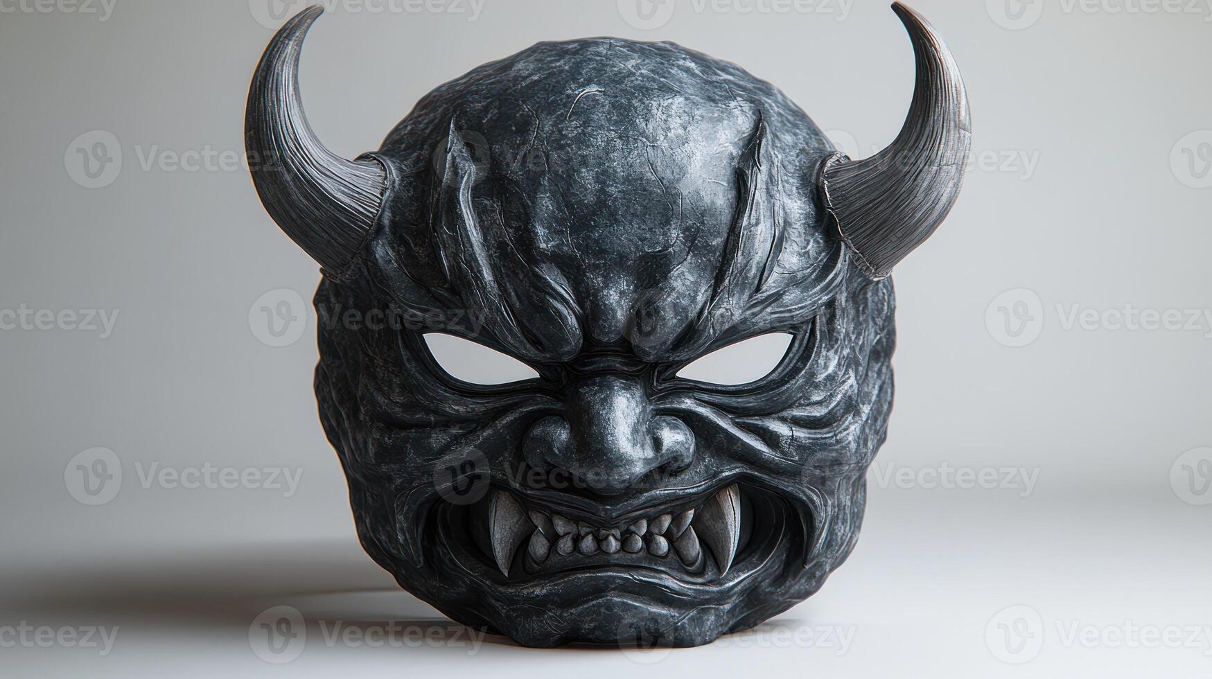 A striking demonic mask with sharp horns rests against a light backdrop, sparking curiosity photo