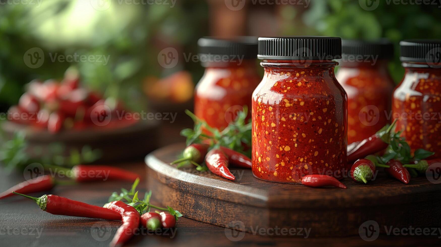 Jars filled with vibrant chili sauce sit on a wooden table, surrounded by fresh red chilies photo