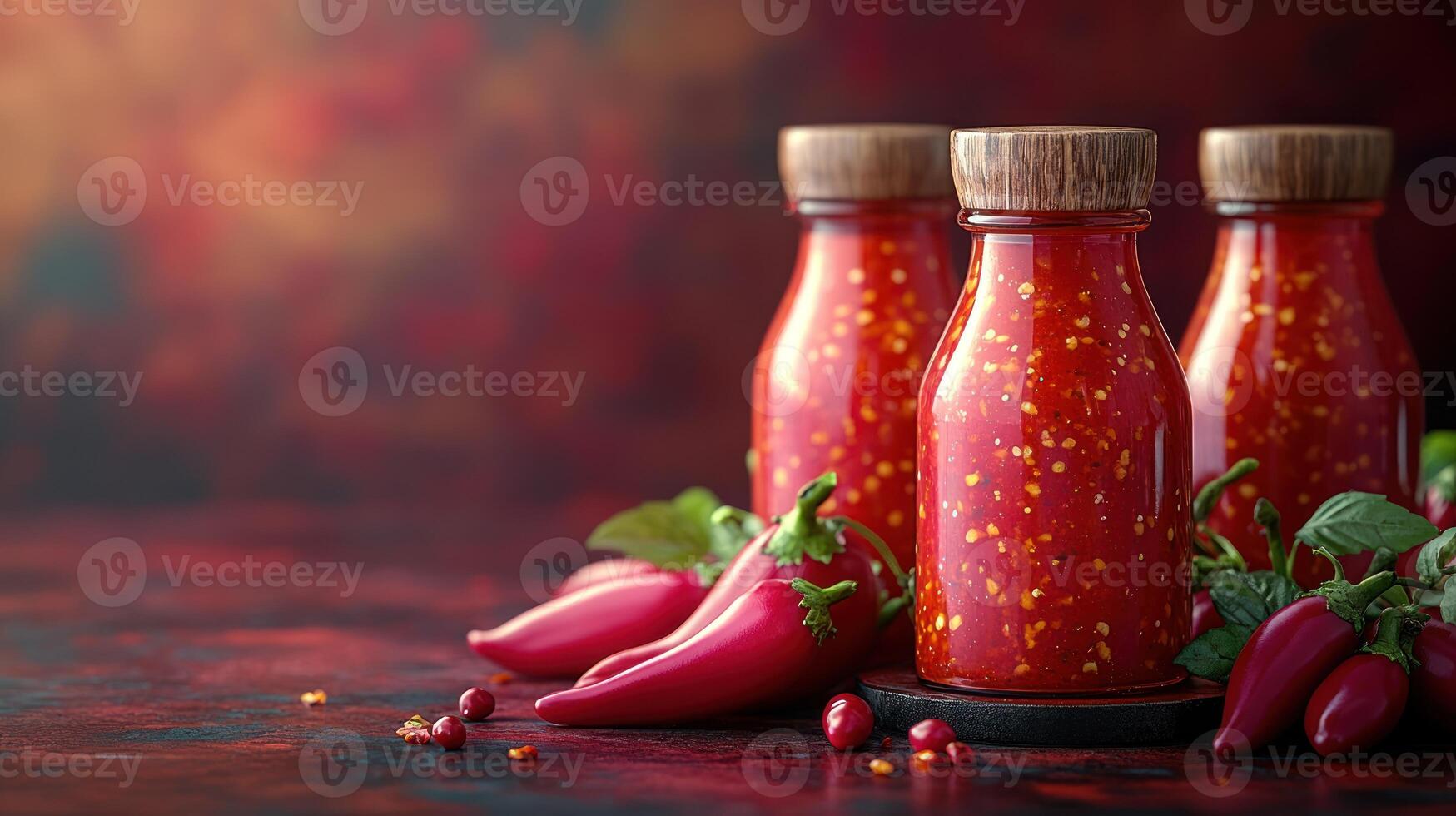 Bright bottles of chili sauce are nestled among peppers and fresh herbs on a textured surface photo