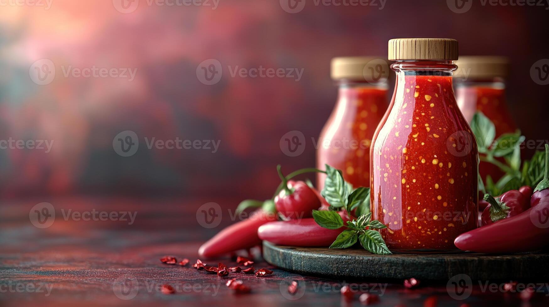 Bottles of homemade chili sauce surrounded by fresh ingredients on a cozy kitchen table photo