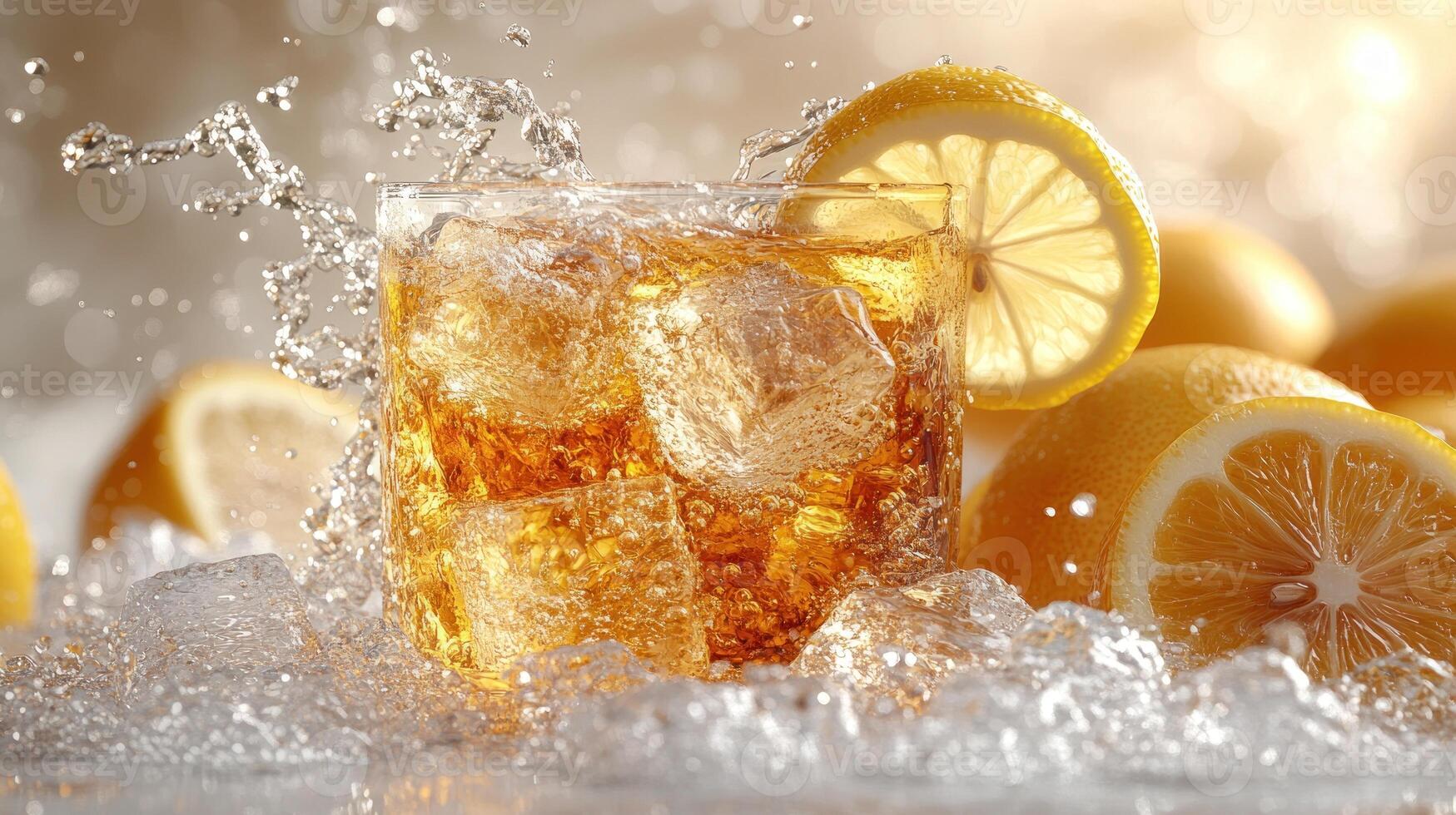 A cool beverage with ice and lemon slices splashes in sparkling water, evoking summer vibes photo