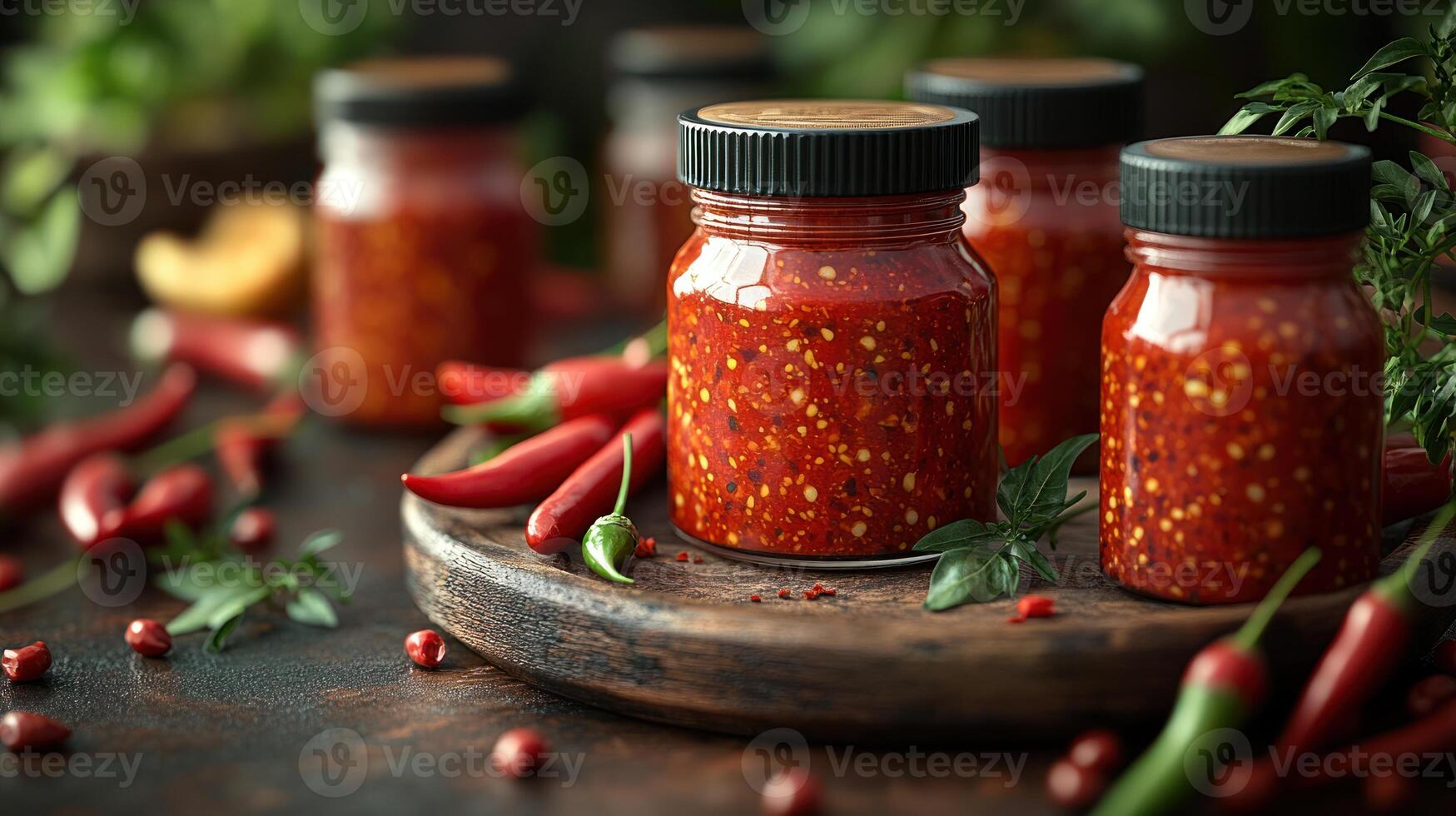 Jars of spicy chili sauce with fresh ingredients on a wooden table create culinary joy photo