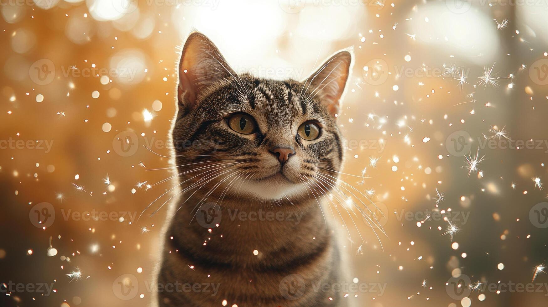 A charming cat gazes thoughtfully as golden autumn light highlights sparkling particles around it photo