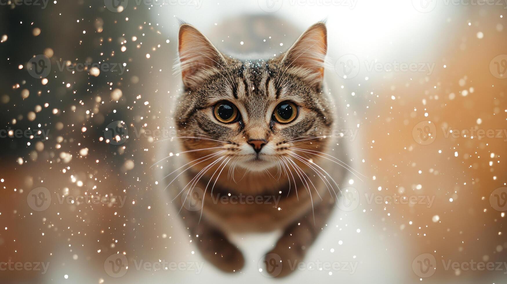 A playful tabby cat jumps through snowflakes, its vibrant fur glowing against the soft snow photo