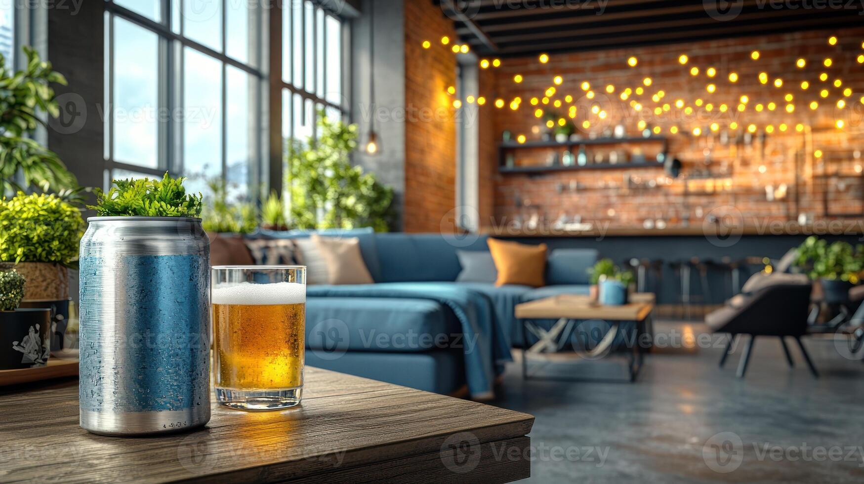 Refreshing craft beer served alongside vibrant plants in a stylish lounge atmosphere photo